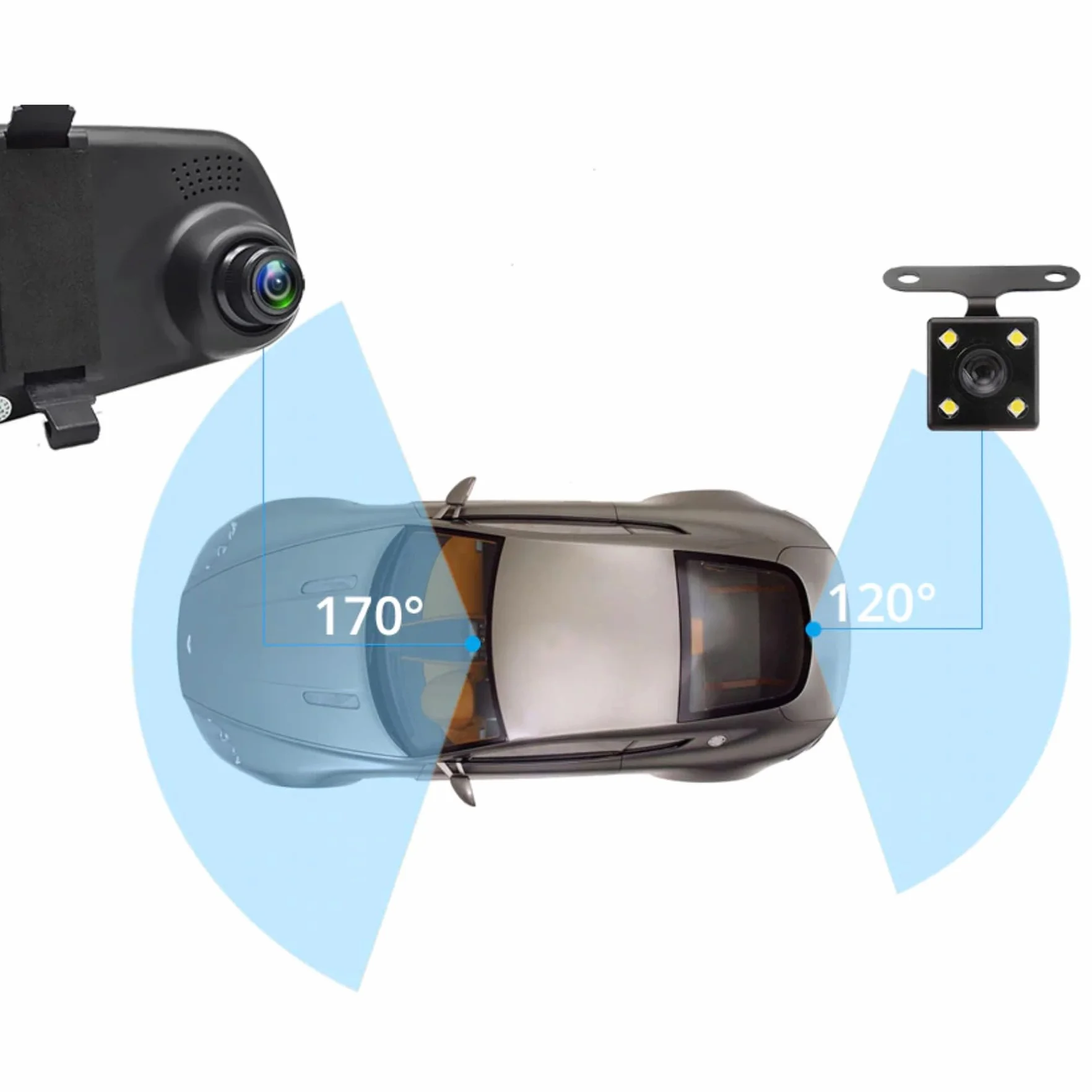 Retoo Kamera samochodowa Full HD z kamerą cofania z noktowizorem z tyłu i dolną pętlą o przekątnej 4,3", 170° z przodu / 120° z tyłu, podwójna kamera samochodowa 1080p