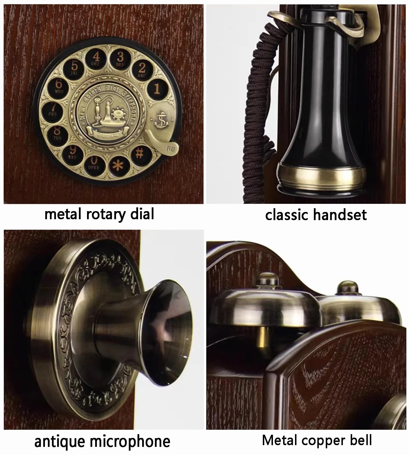 HJMMWT Telefon w stylu retro, staromodne telefony stacjonarne z lat 60. XX w. do domu, biura, vintage, przewodowe z mechanicznym dzwonkiem/ponownym wybieraniem, drewno dla seniorów, czerwony