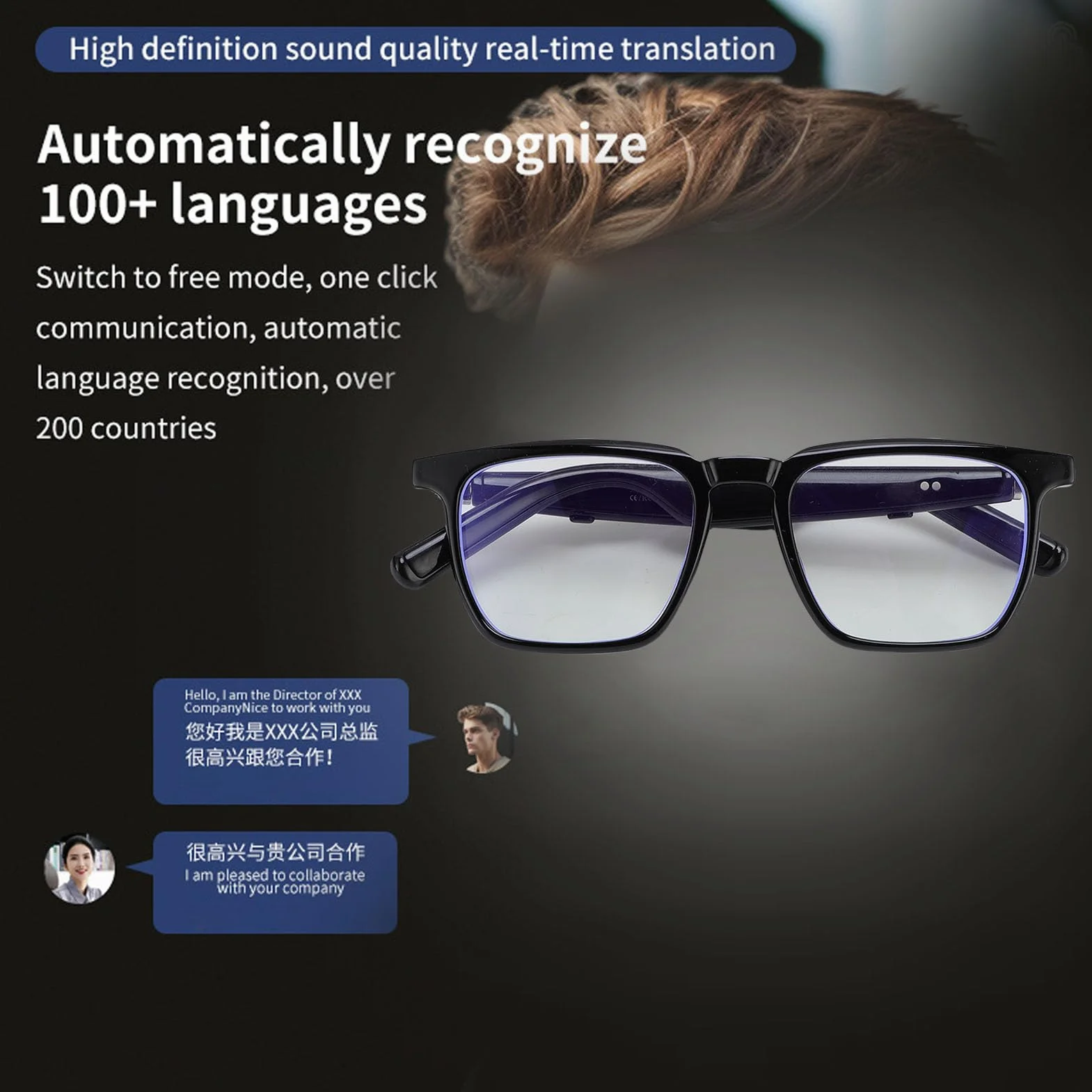 AI Tłumaczenie Okularów 100+Języki w Czasie Rzeczywistym, Inteligentny Tłumacz Bluetooth 5.3 Wbudowany w Mikrofon i Głośnik, Inteligentne Spolaryzowane Okulary Przeciwsłoneczne (BLACK)