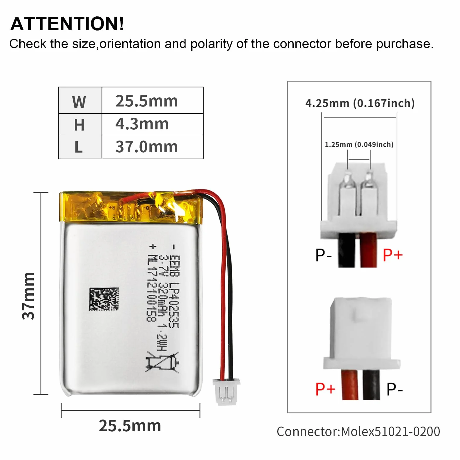EEMB 3.7V 320mAh 402535 Bateria Lipo litowo-polimerowa złączem Molex