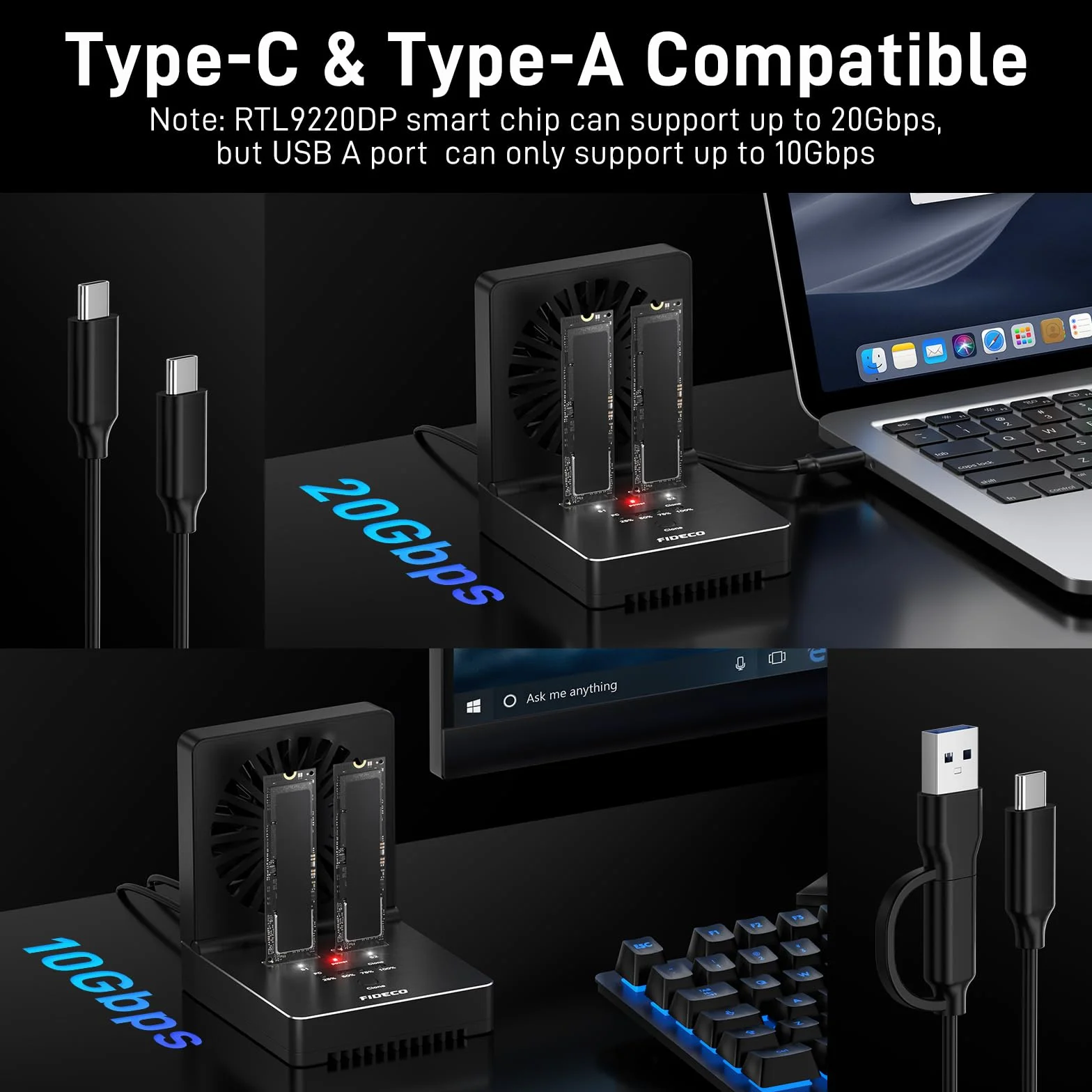 FIDECO M.2 NVMe SATA SSD Cloner Dock, USB 3.2 Gen 2, 20 Gb/s NVMe Cloner Duplicator ze składanym wentylatorem chłodzącym, obsługa klonu offline, UASP i TRIM, aluminiowa konstrukcja