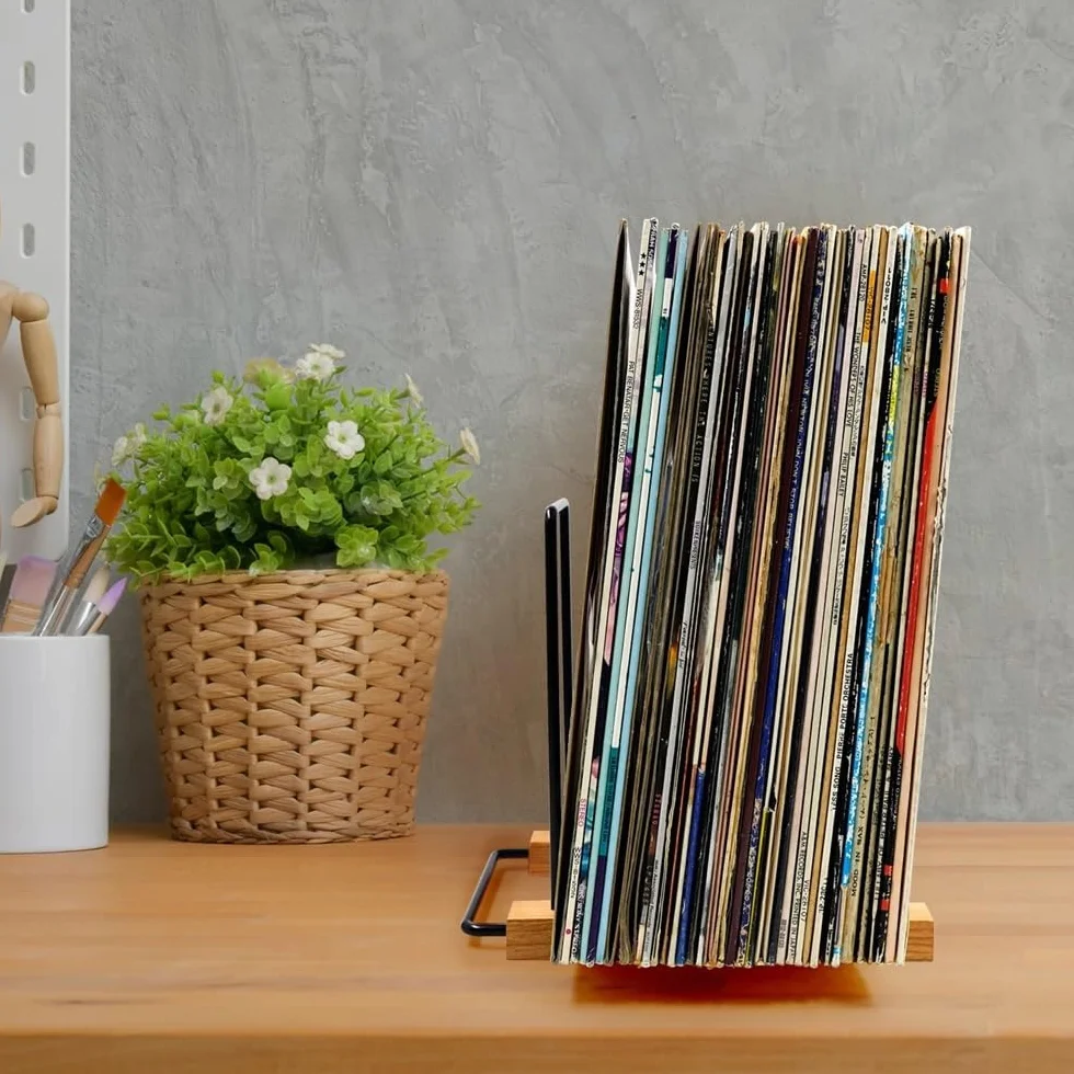 Stojak na płyty Drewniany stojak do przechowywania płyt CD/LP Wyświetlacz Uchwyty stołowe Stojak na płyty Ozdoby dekoracji domu winyli