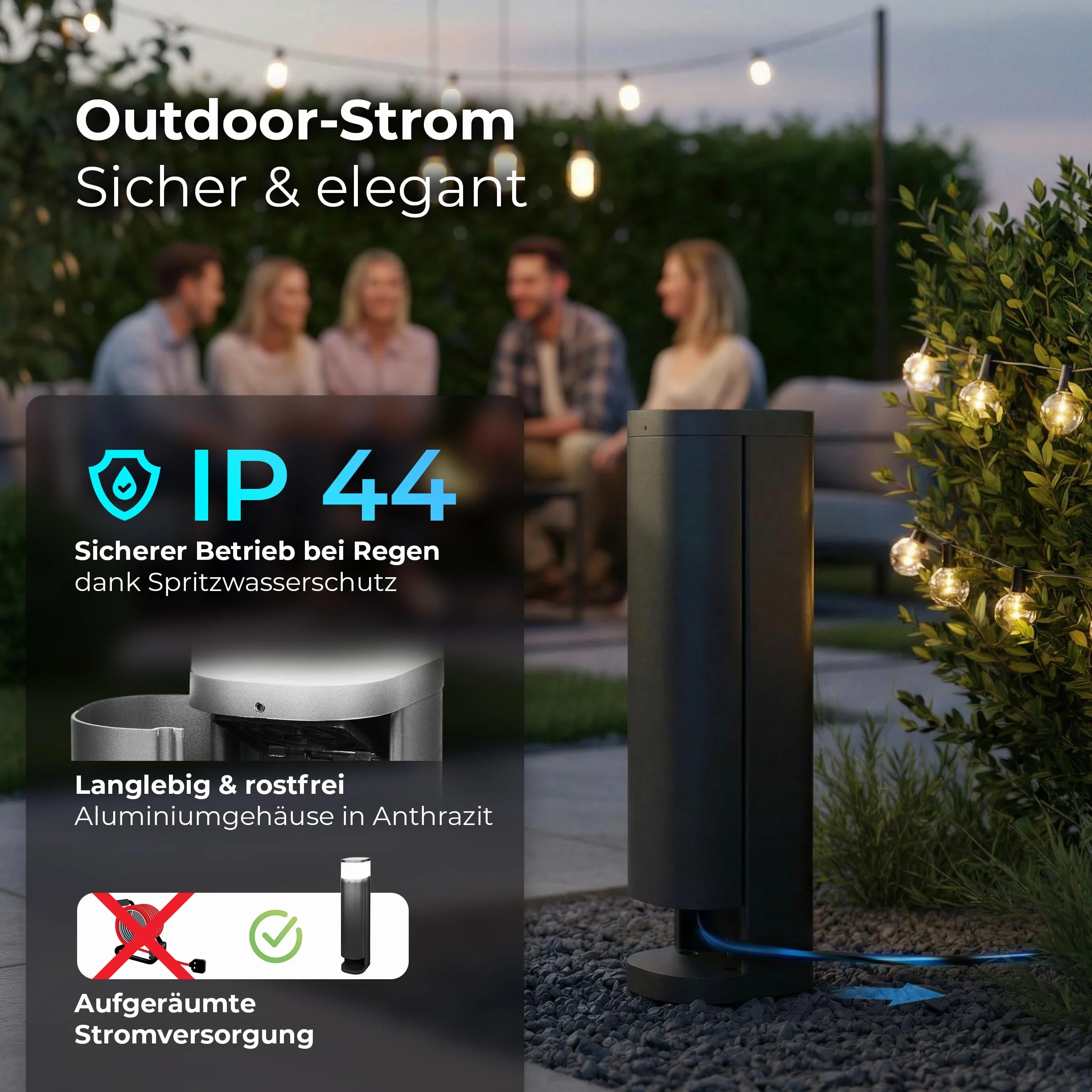 Novatool 4 x gniazdko ogrodowe, radiowe, podwójne, antracytowe, inteligentne WiFi, aplikacja IP44, okrągłe, do użytku na zewnątrz, do ogrodu, wieża z gniazdkiem