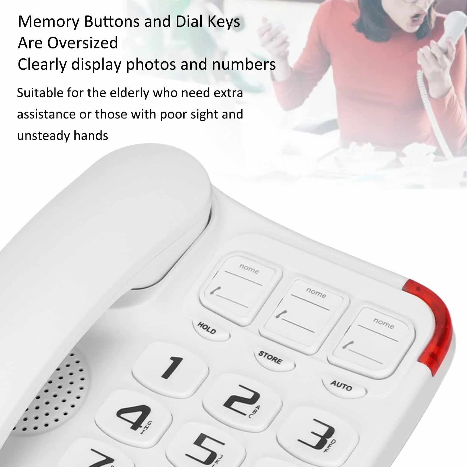 Telefon przewodowy z dużym przyciskiem dla seniorów, 3 klawisze obrazkowe, Wzmocniony telefon przewodowy, Wielofunkcyjny telefon z dużym przyciskiem dla osób starszych, Wybieranie jednoprzyciskowe