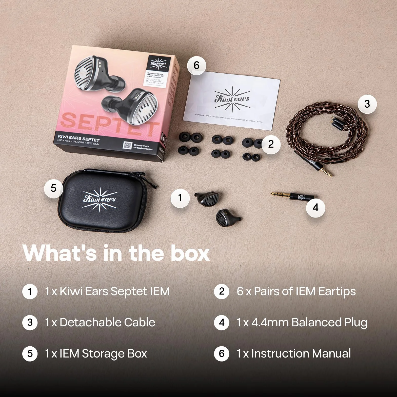 Linsoul Kiwi Ears Septet in Ear Monitor, 1DD + 4BA + 1 Planar + 1 PZT Quadri-Hybrid, słuchawki przewodowe HiFi, słuchawki do gier z kablem modułowym 3,5 mm/4,4 mm dla muzyków i audiofilów