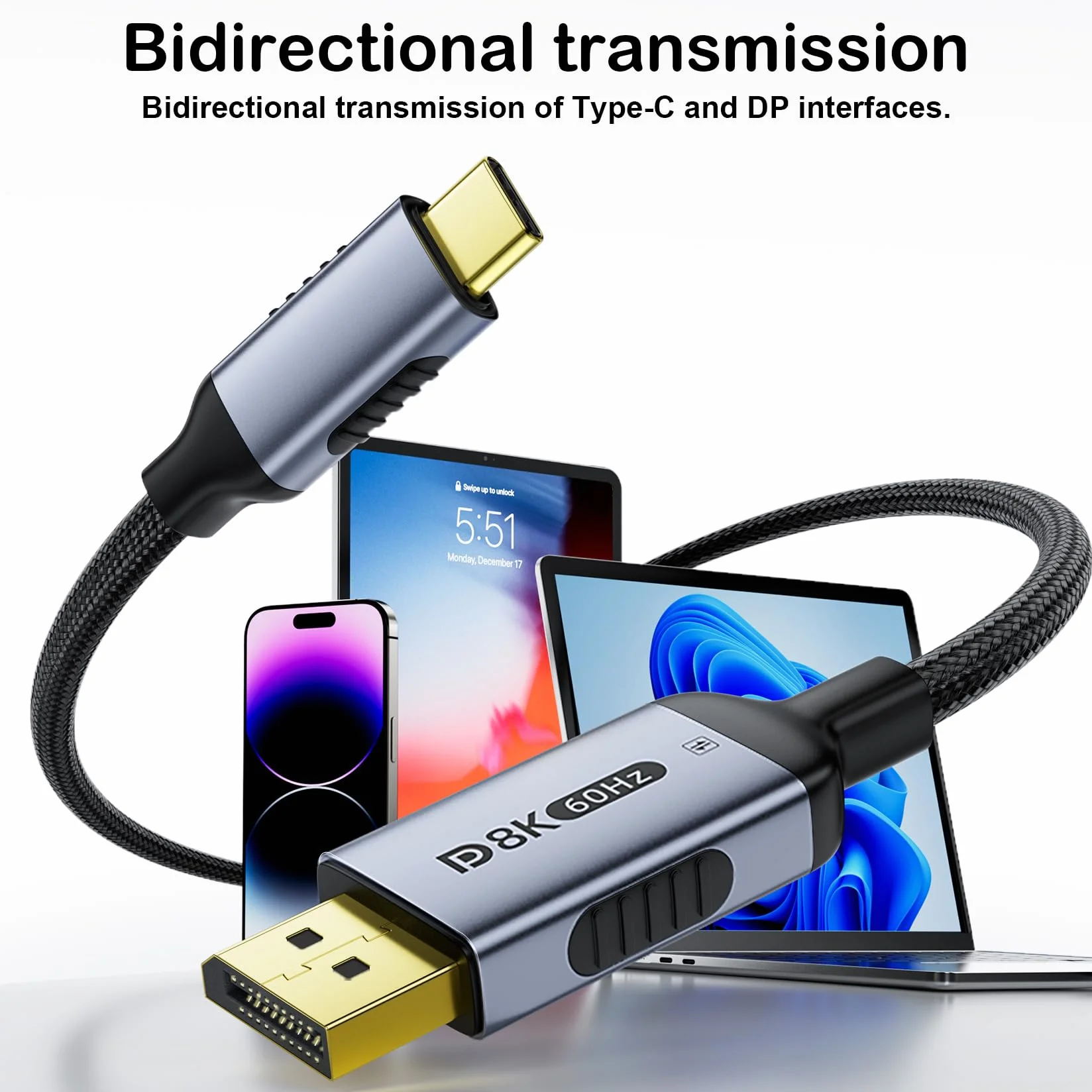 Dwukierunkowy kabel USB-C na DisplayPort 1.4 8K przy 60 Hz 4K przy 240 Hz, 16 m DP na USB C, Thunderbolt 4, aluminiowa obudowa, nylonowy oplot, kompatybilny z iPhone 16 Pro Max, MacBook