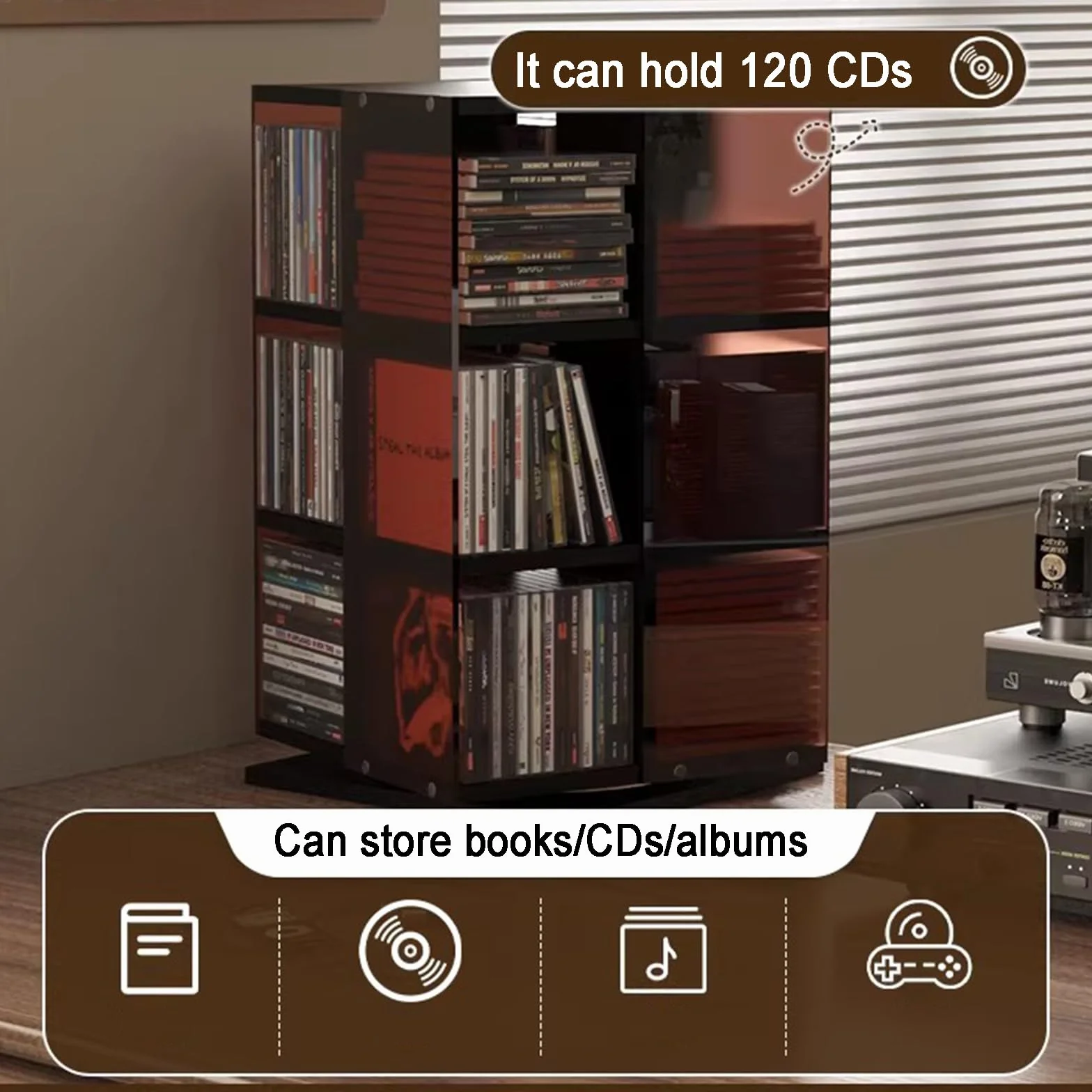 Stojak do przechowywania płyt CD, 3-poziomowa wieża multimedialna, pomieści 120 dysków, obrotowa podstawa o 360°, na DVD, książki, czasopisma