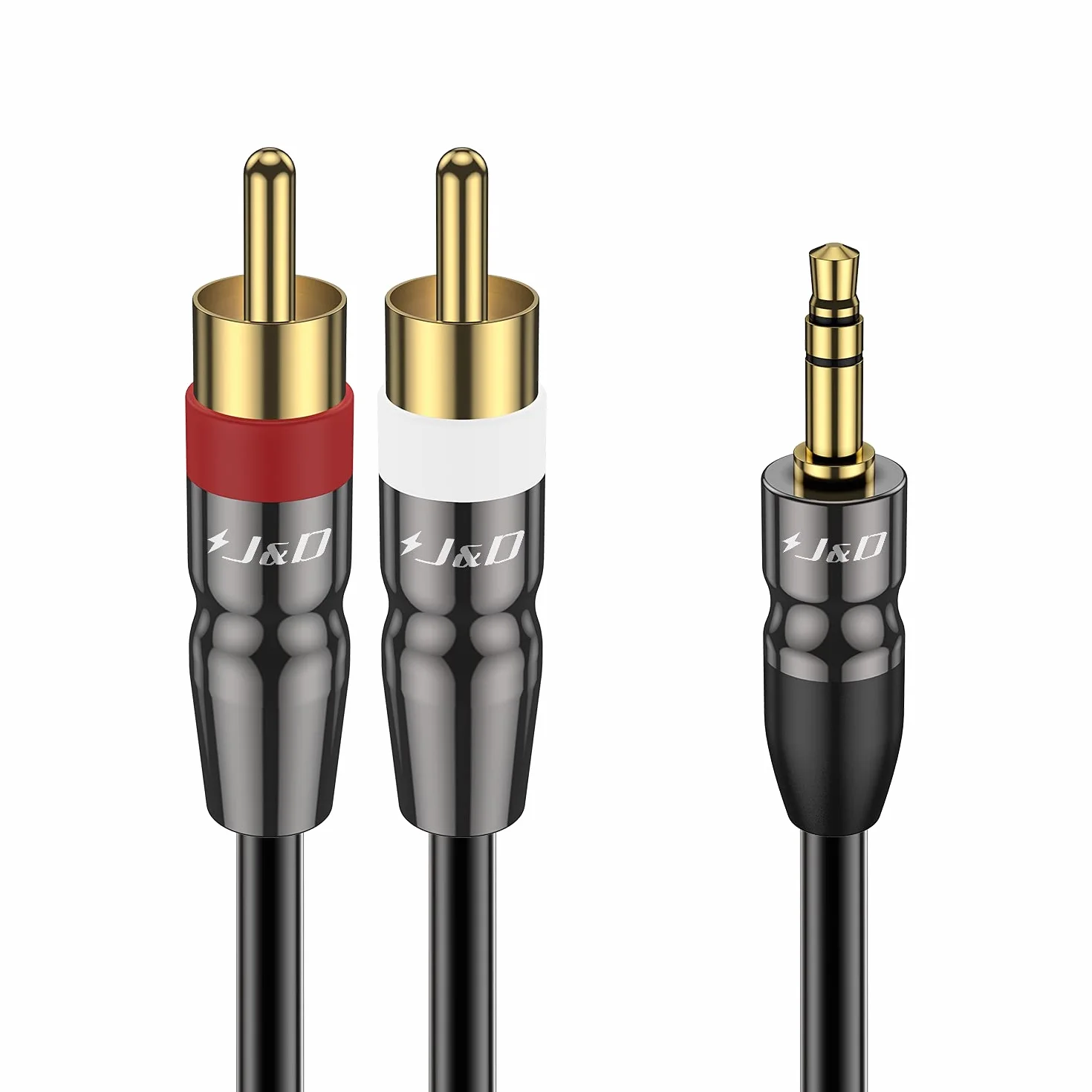 J&D Kabel Jack 3,5 mm do 2 RCA Cinch, Stereo Audio AUX, 3,5 mm Męski do 2 x RCA Męski, Pozłacane Złącza, Solidna Miedziana Obudowa, do Smartfona, Tabletu, MP3, Głośników, 1,8 m