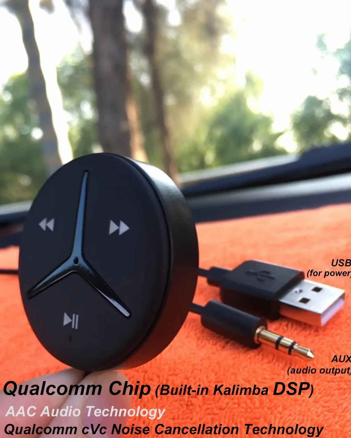 Aston Innovations SoundTek A1+ zestaw samochodowy Bluetooth z AAC do strumieniowego odtwarzania muzyki bez użycia rąk, adapter Bluetooth Aux do samochodu / domowego stereo, wbudowany izolator szumów i mikrofon, automatyczne włączanie/wyłączanie, automatyc
