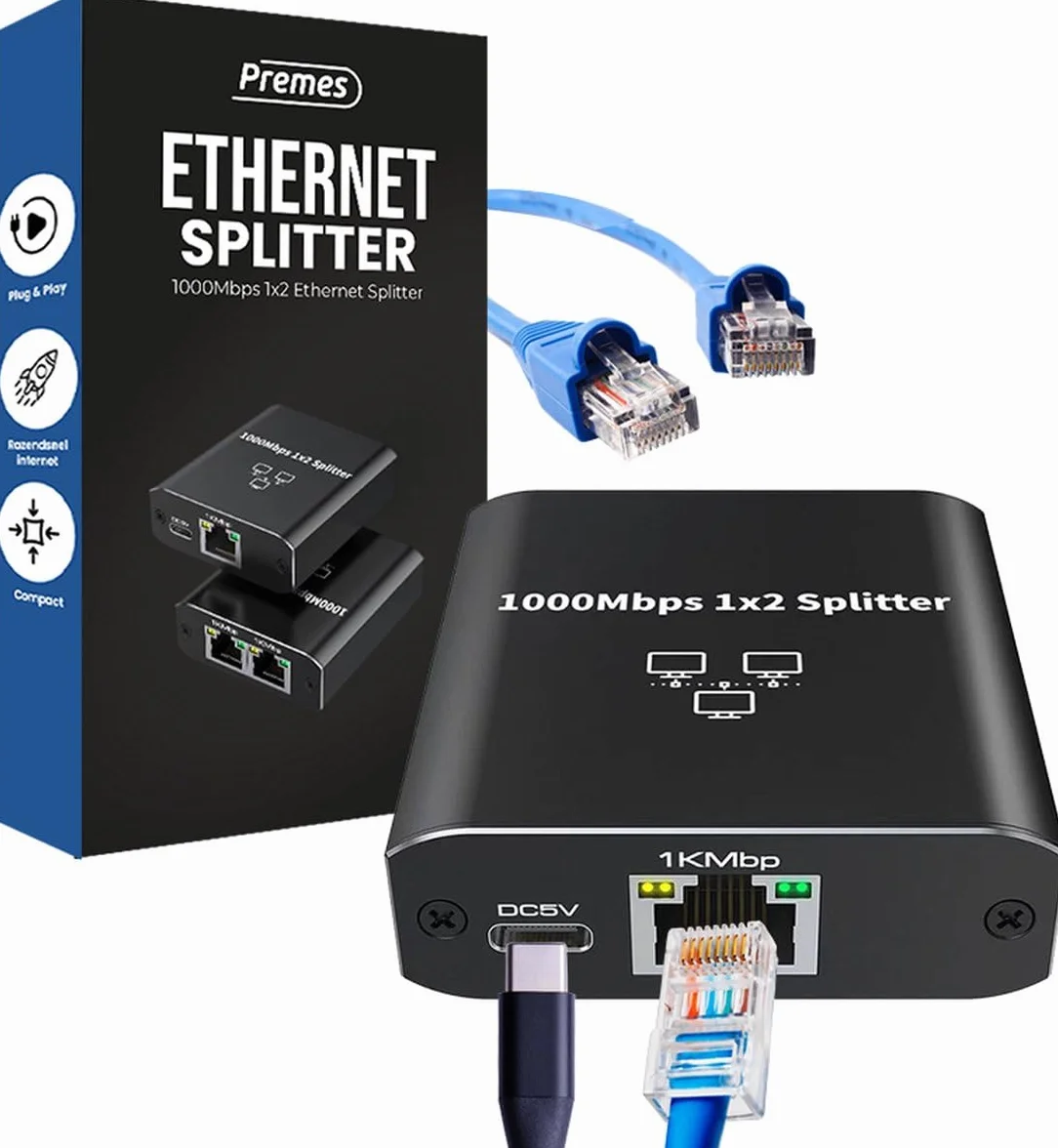 rozdzielacz Internetu, 2 porty, do 1000 Mb/s, od 1 do 2, LAN, UTP, RJ45, rozdzielacz sieci, rozdzielacz UTP, rozdzielacz Ethernet, przełącznik Ethernet, przełącznik sieciowy