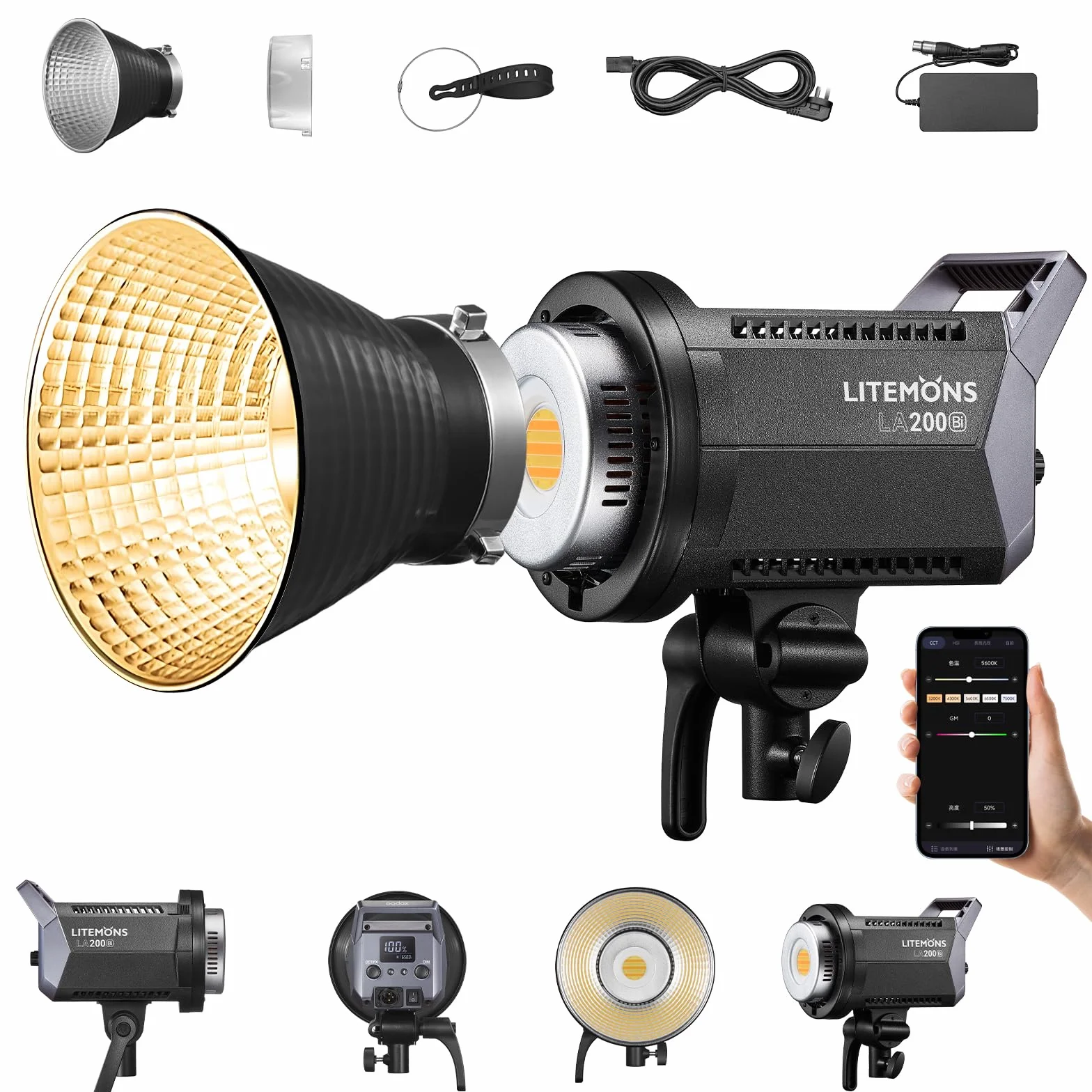 Godox Litemons LA200Bi 230w światło dzienne wideo, dwukolorowe studyjne światło ciągłe 5600K, CRI 96+ TLCI 97+, 101000lux z 8 efektami FX Mocowanie Bowens i sterowanie APP do transmisji na żywo, wideo