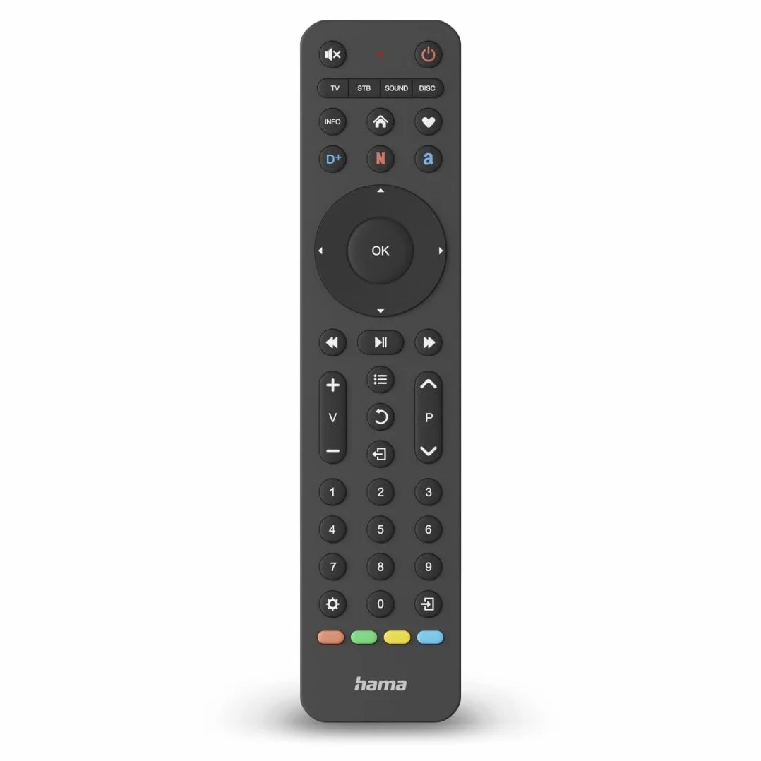 Hama uniwersalny pilot 4w1 Netflix (Do TV, soundbara, odtwarzaczacza Blu-Ray, do maks. czterech urządzeń, tryb uczenia się, przycisk Netflix, Prime Video, Disney+, w zestawie 2x bateria AAA)