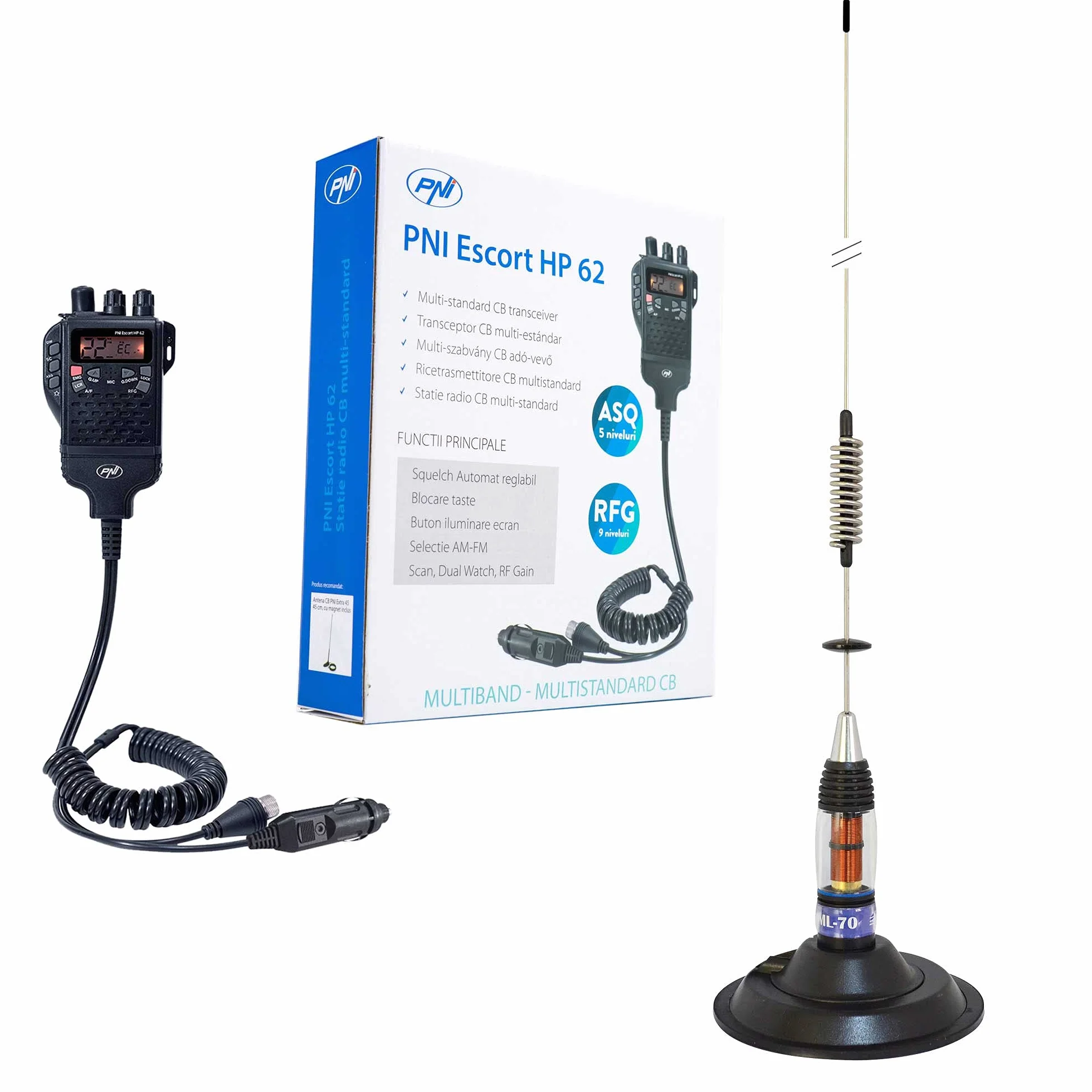 Zestaw stacji radiowej CB PNI Escort HP 62, ASQ, wzmocnienie RF i antena CB PNI ML70 z podstawą magnetyczną 145 mm w zestawie