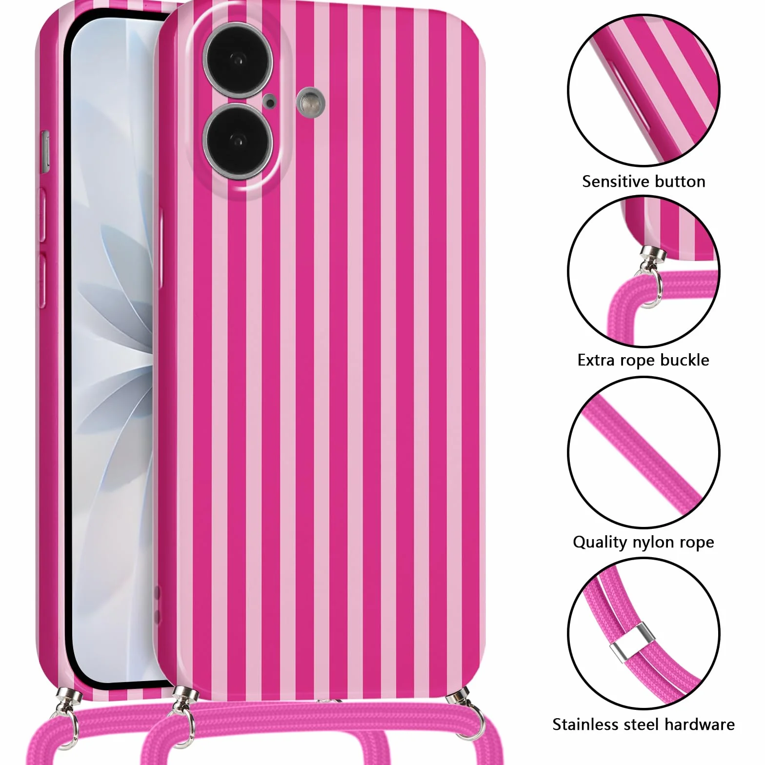 Silikonowy pasek na telefon iPhone 17, etui ze smyczką, regulowany naszyjnik, różowo-purpurowy