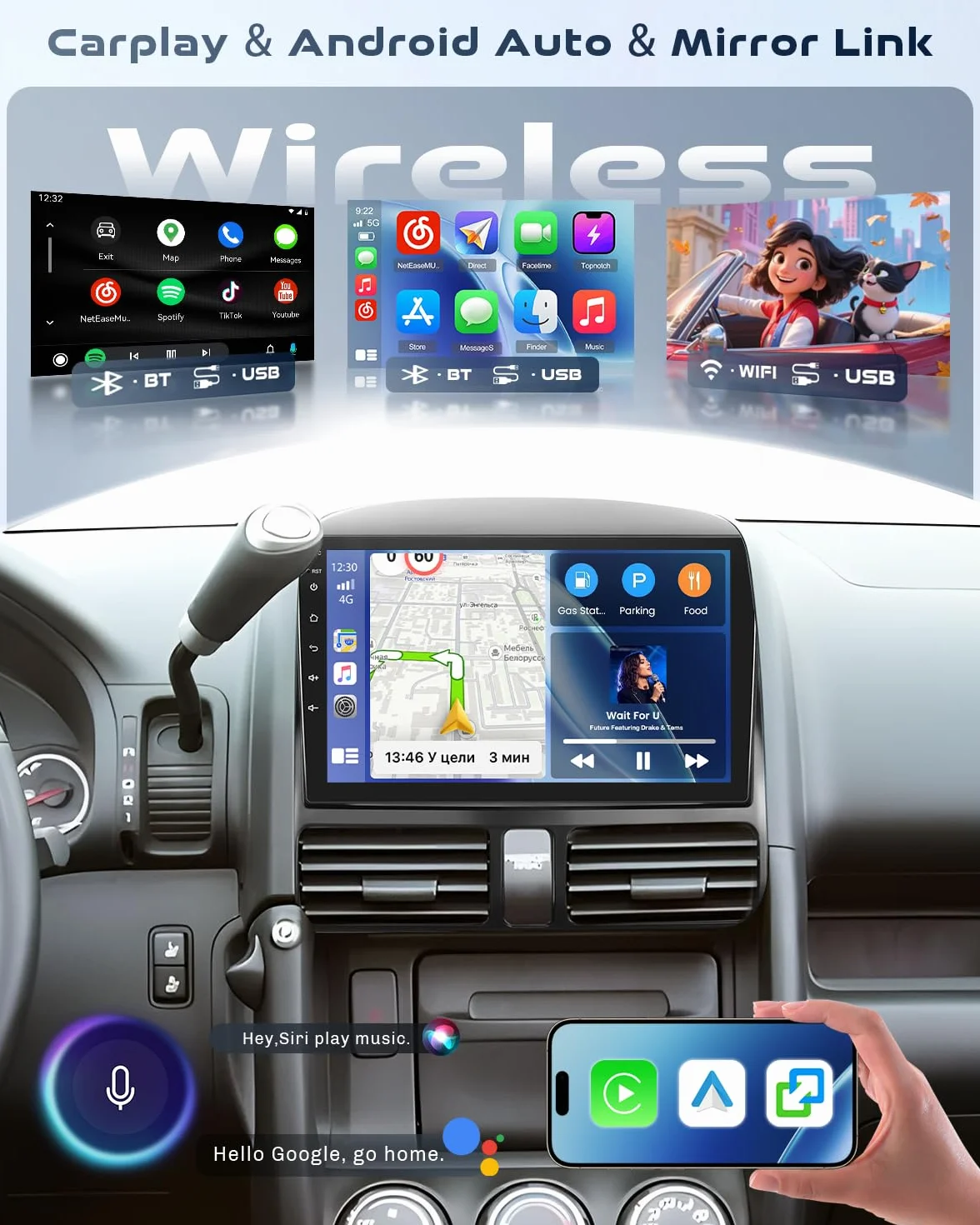 Roinvou Radio samochodowe do Honda CRV 2002-2006 Wireless CarPlay Android Auto MirrorLink, 9-calowy ekran dotykowy radia z Bluetooth EQ FM UI SWC Kamera cofania