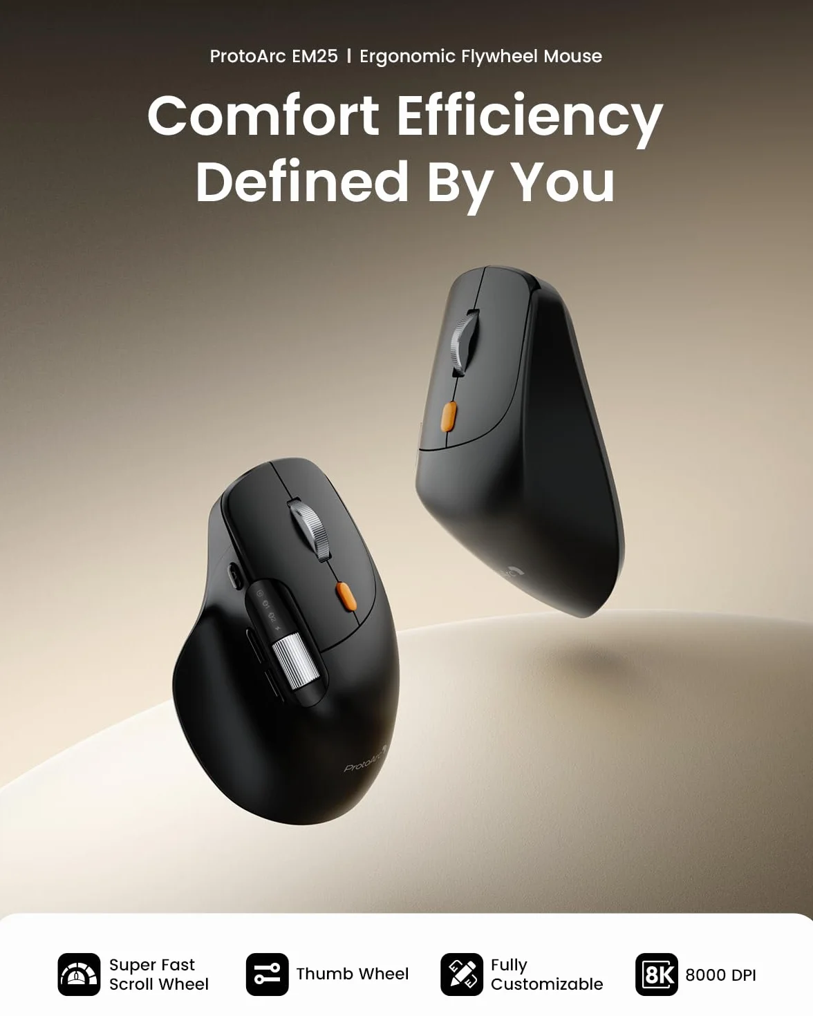 ProtoArc EM25 Ergonomiczna mysz z szybkim przewijaniem, bezprzewodowa 2,4 G + 2 x mysz komputerowa Bluetooth, przewijanie kciukiem, niestandardowy przycisk, akumulatorowa, 8K DPI, do Windows/Mac