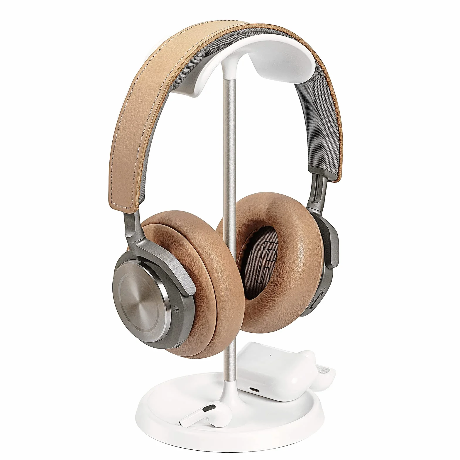 Stojak na słuchawki, zakrzywiony, z tacą do przechowywania, ciężka podstawa, uchwyt na słuchawki gamingowe do AirPods Max, AirPods, AirPods Pro, Beats, Bose, Sennheiser, Sony i innych (biały)