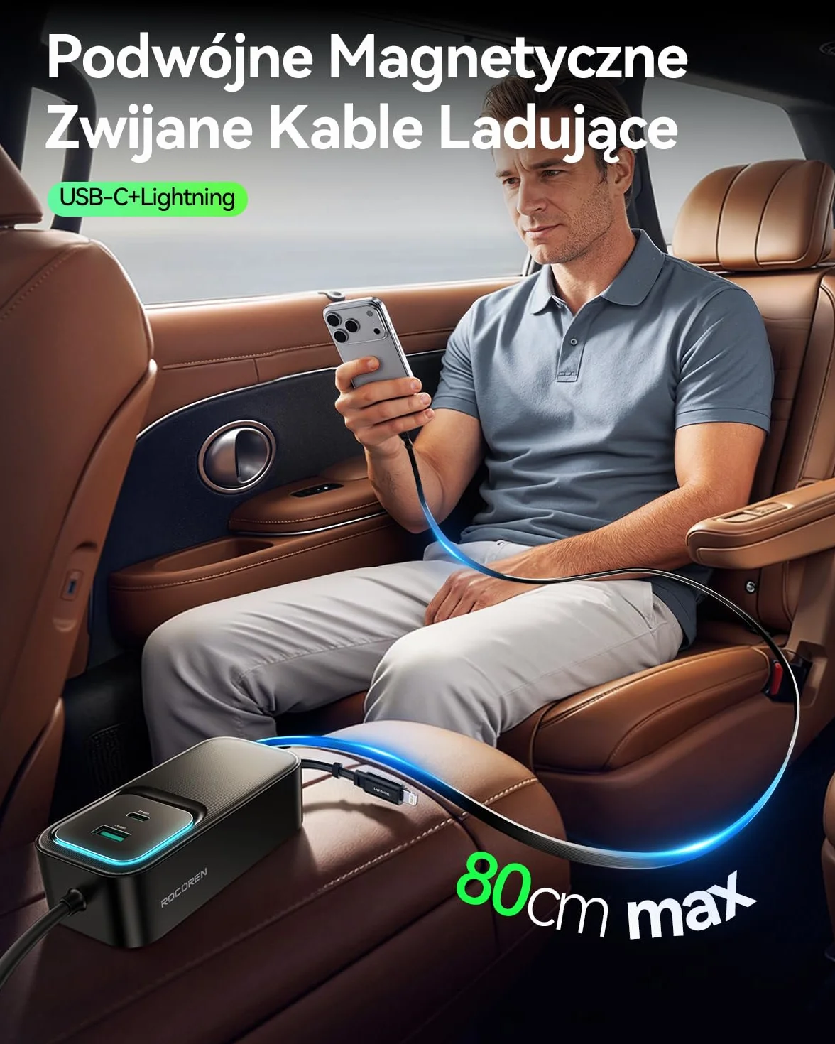 Rocoren Ładowarka samochodowa 6 w 1, USB 135 W, wysuwany adapter do szybkiego ładowania, 12 V-24 V, akcesoria samochodowe do wnętrza z kablem 1,5 m, na kemping, do kampera, podróży, gadżet do laptopa