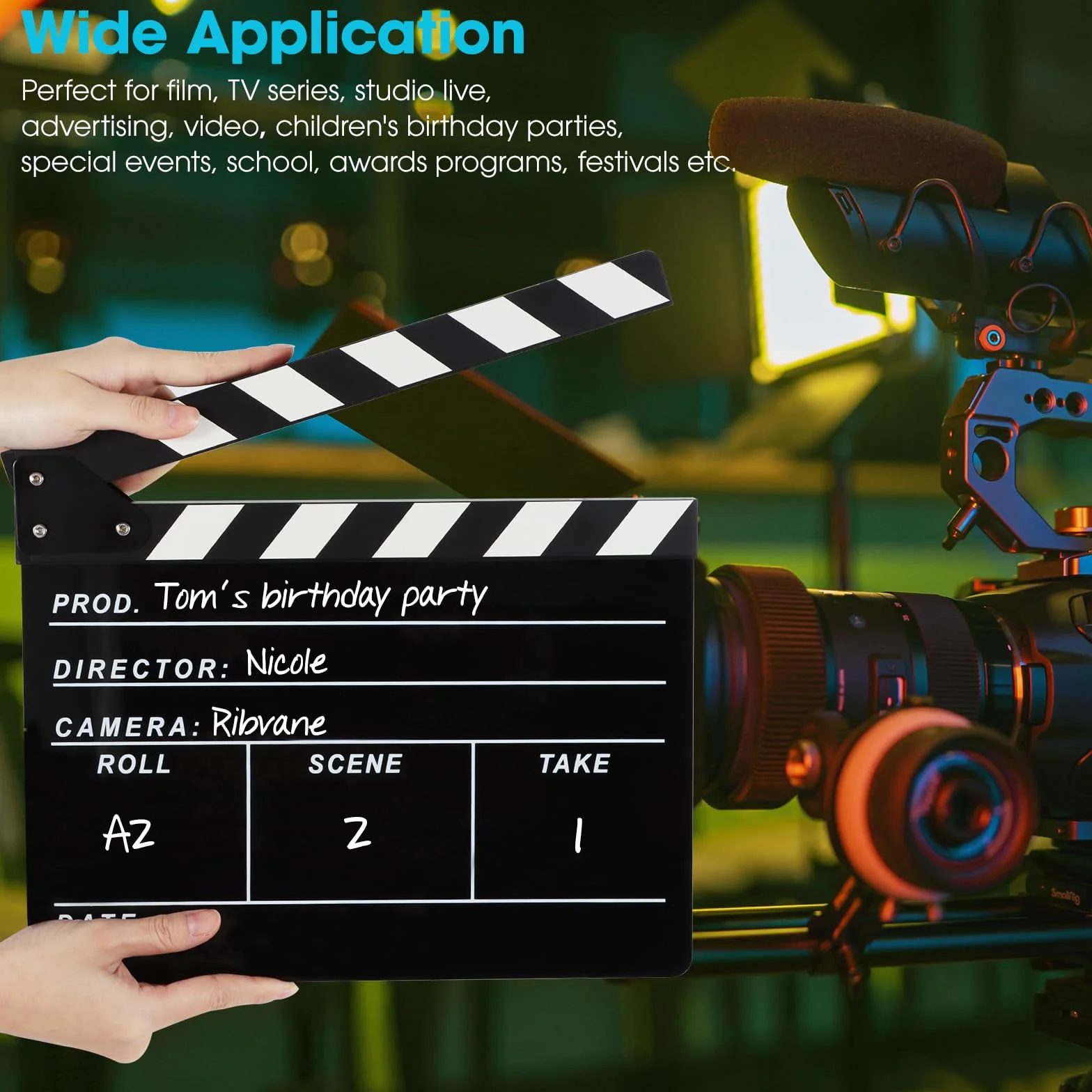 Reżyserzy Clapboard do filmu, Hollywood Slate Move Photography Video TV Cut Action Scene Akrylowa tablica z magnetyczną gumką do tablicy, dwa niestandardowe długopisy, ściereczka do