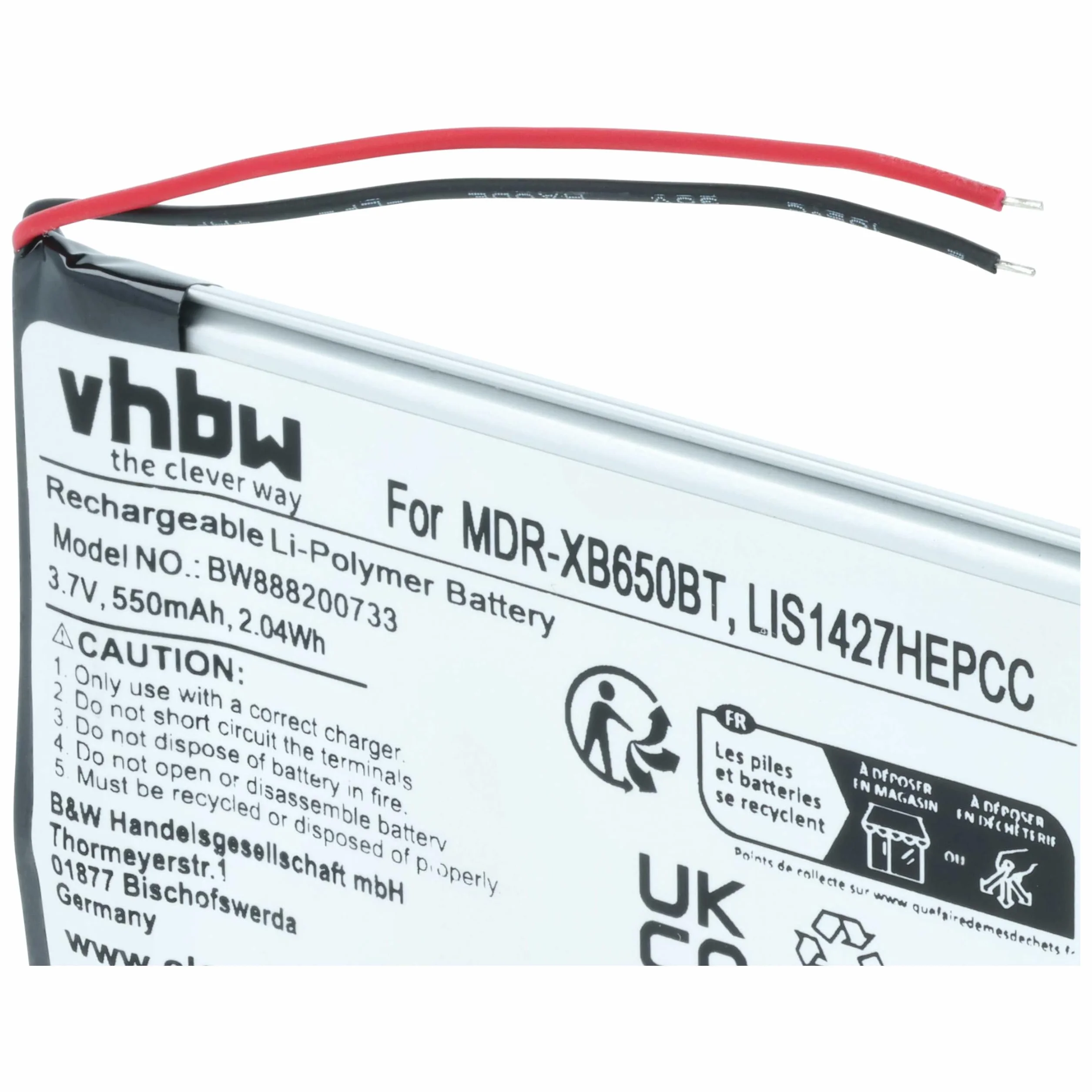 vhbw Bateria zamienna kompatybilna z bezprzewodowymi słuchawkami Sony NWZ-E463, NWZ-E464, NWZ-S764 (550 mAh, 3,7 V, litowo-polimerowy)