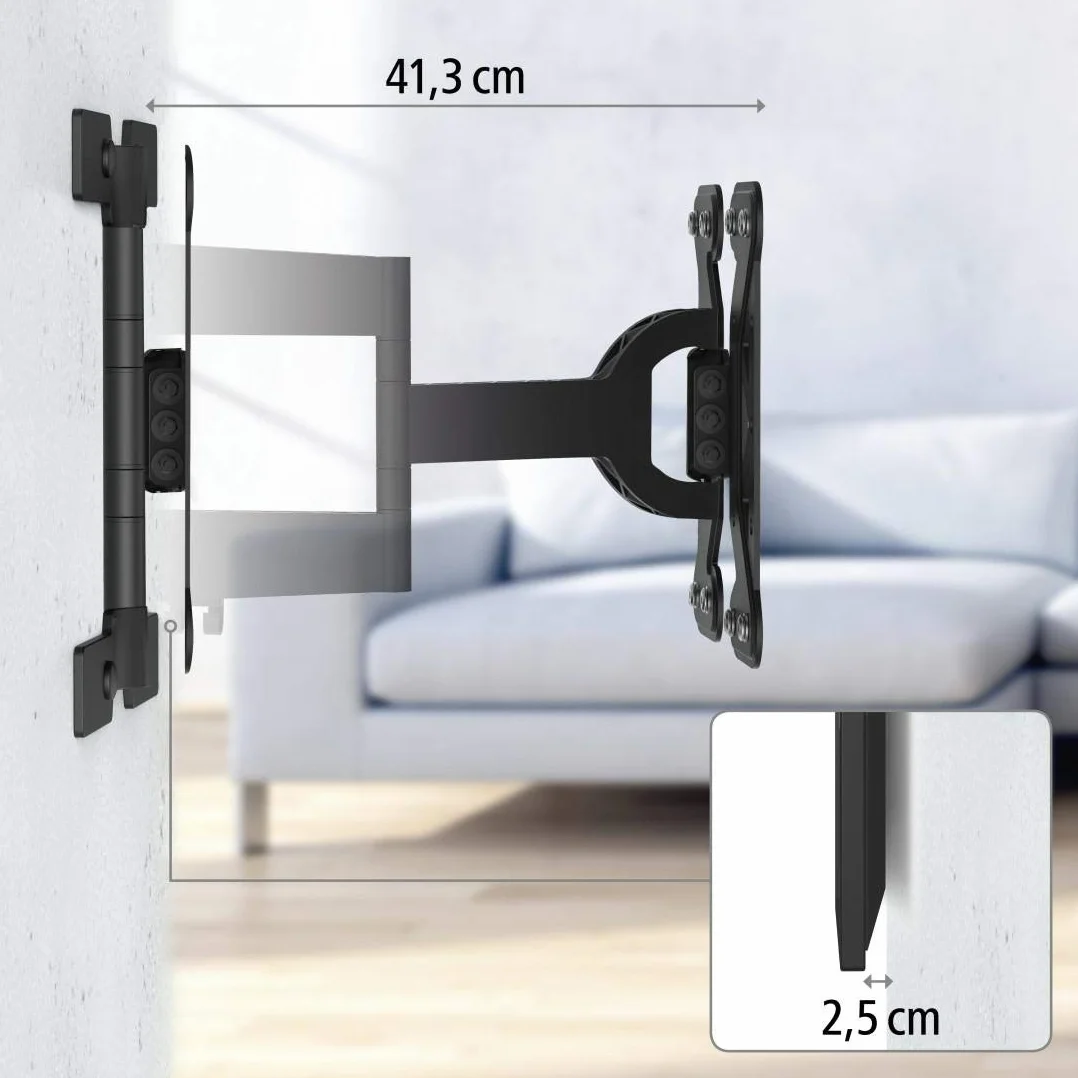 Hama płaski uchwyt ścienny do telewizora 32-65 (VESA 400x400, obrót do 180°, 25mm od ściany, aluminium/stal, maks. udźwig 30 kg) czarny