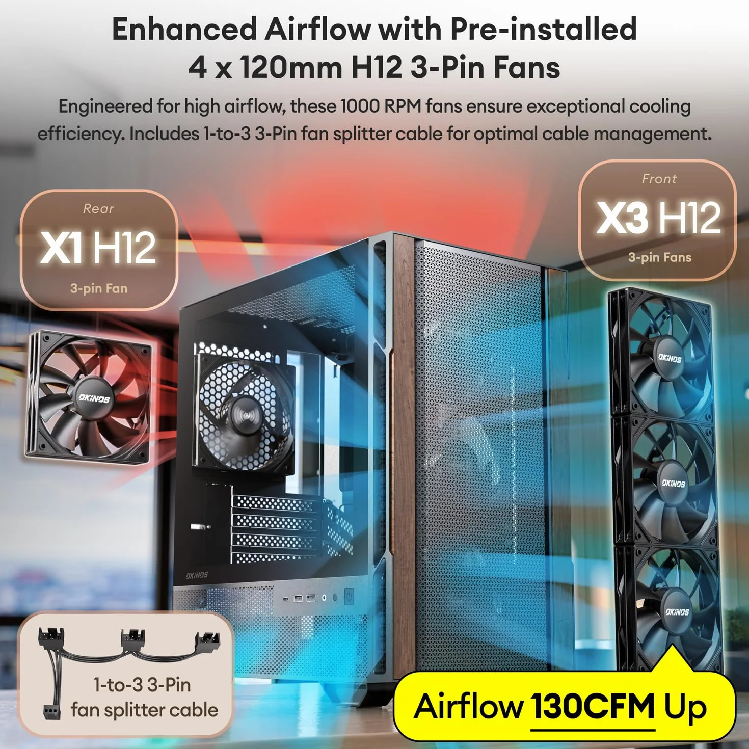 Okinos Drewniana obudowa Micro ATX, 4 × 120 mm 3-pinowe wentylatory bez PWM wstępnie zainstalowane, panel boczny ze szkła hartowanego, z type-C, czarny, cyprys 3 drewno