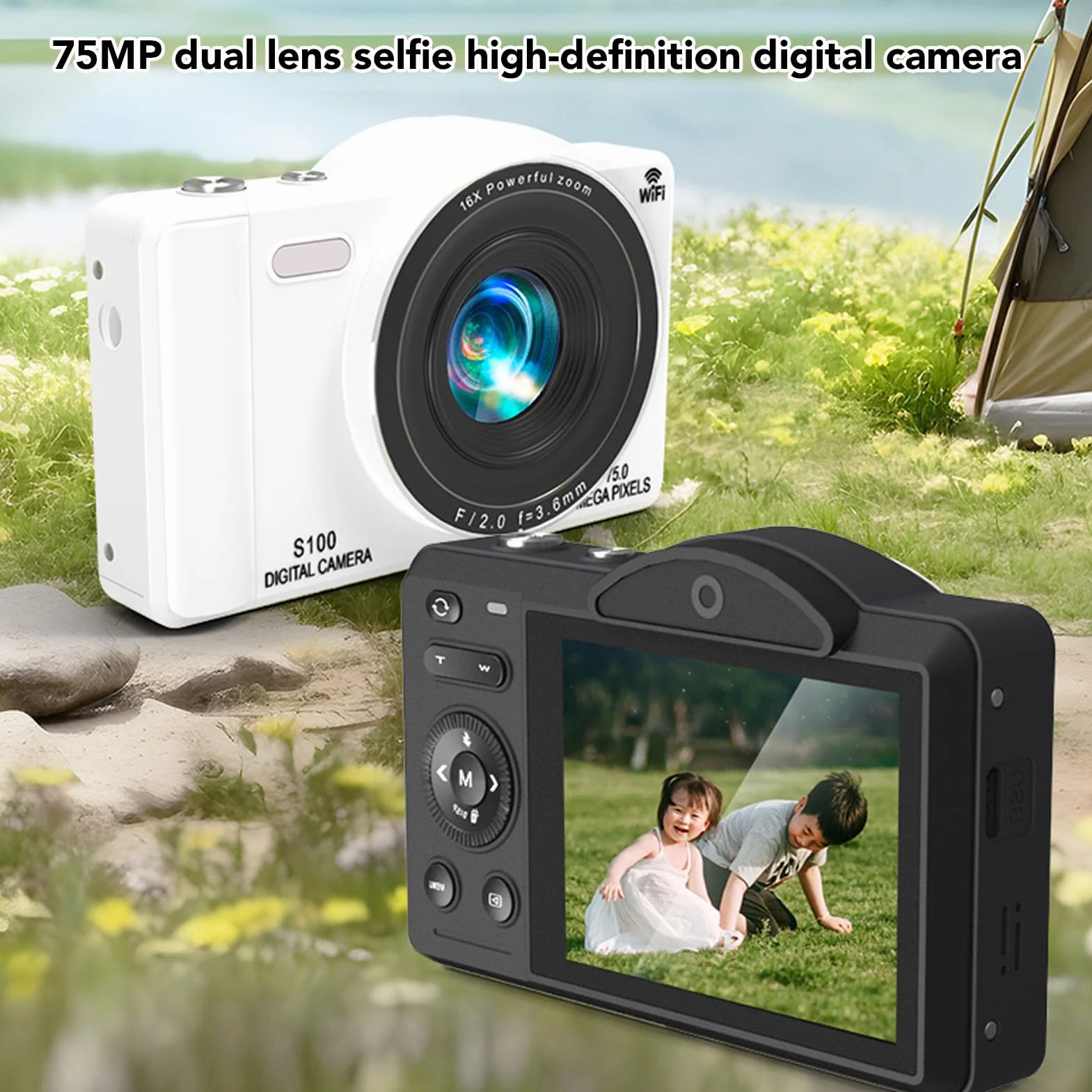 Aparat Cyfrowy 4K, 75MP WiFi VLOG z 16x Cyfrowy Zoom i Autofocus, Podwójne Selfie Soczewki dla Początkujących Fotografii Podróży (64GB)