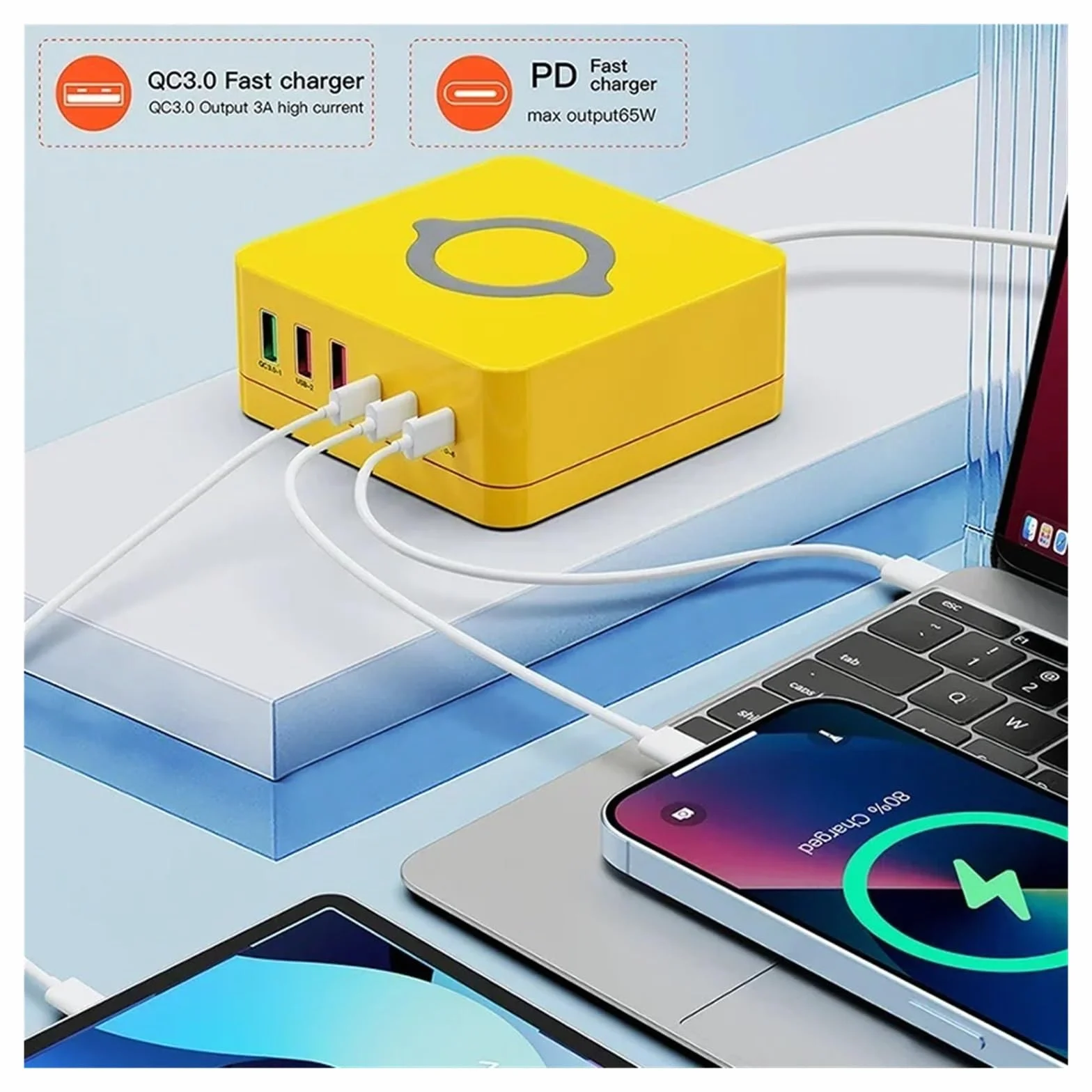 Stacja Ładująca USB 140 W Z 6 Portami Szybka Bezprzewodowa Podstawka QC PD3.0 Szybkie Ładowanie 65 Do Tabletu Laptopa MożLiwość Szybkiego łAdowania(Yellow)