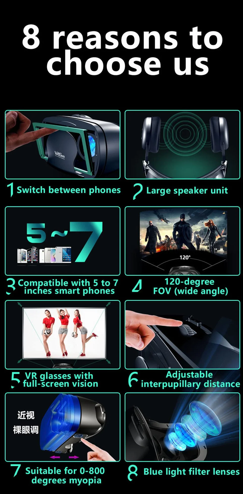 Gogle 3D VR, wirtualny zestaw słuchawkowy z kontrolera, odpowiedni dla smartfonów 4,7"-7.0", odpowiedni do gier 3D i prezentów wideo dla dzieci i dorosłych