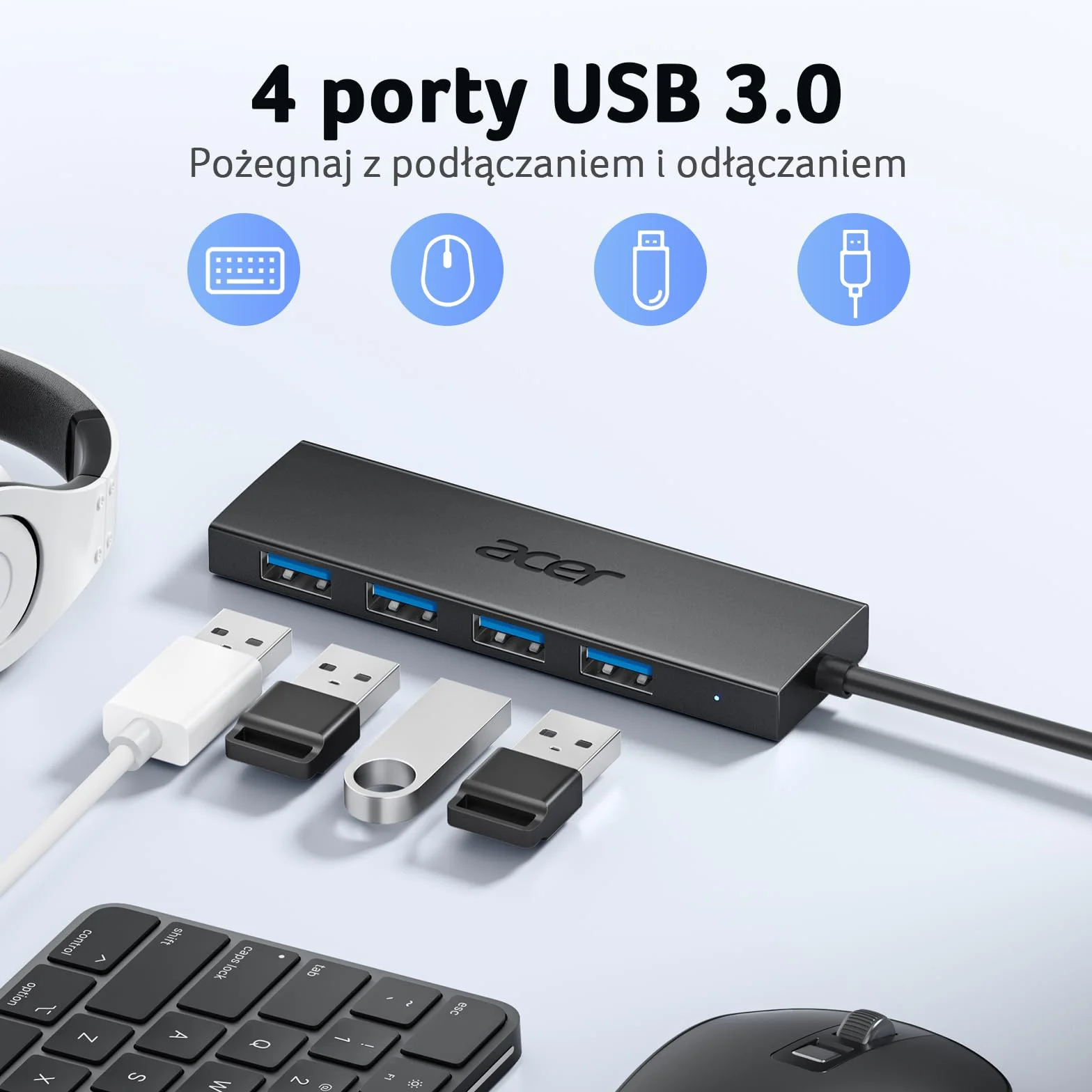 acer USB 3.0 HUB z zasilaczem USB-C, Ultra Slim Multiport Hub 4 Porty do laptopa, komputera, klawiatury, myszy, dysku twardego, MacBook Pro/Air, iMac, Surface Pro, macOS, Windows, Linux itp. - 60cm