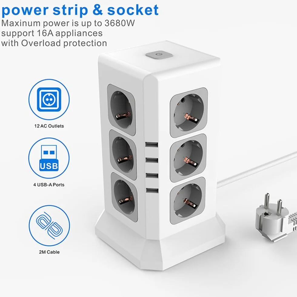 Listwa zasilająca z wieloma gniazdami, 12 gniazd, 3250 W, 16 A, przedłużacz 2 m z 4 portami USB, kompatybilny z różnymi elektrostykami (12 x 12 x 21 cm), biały