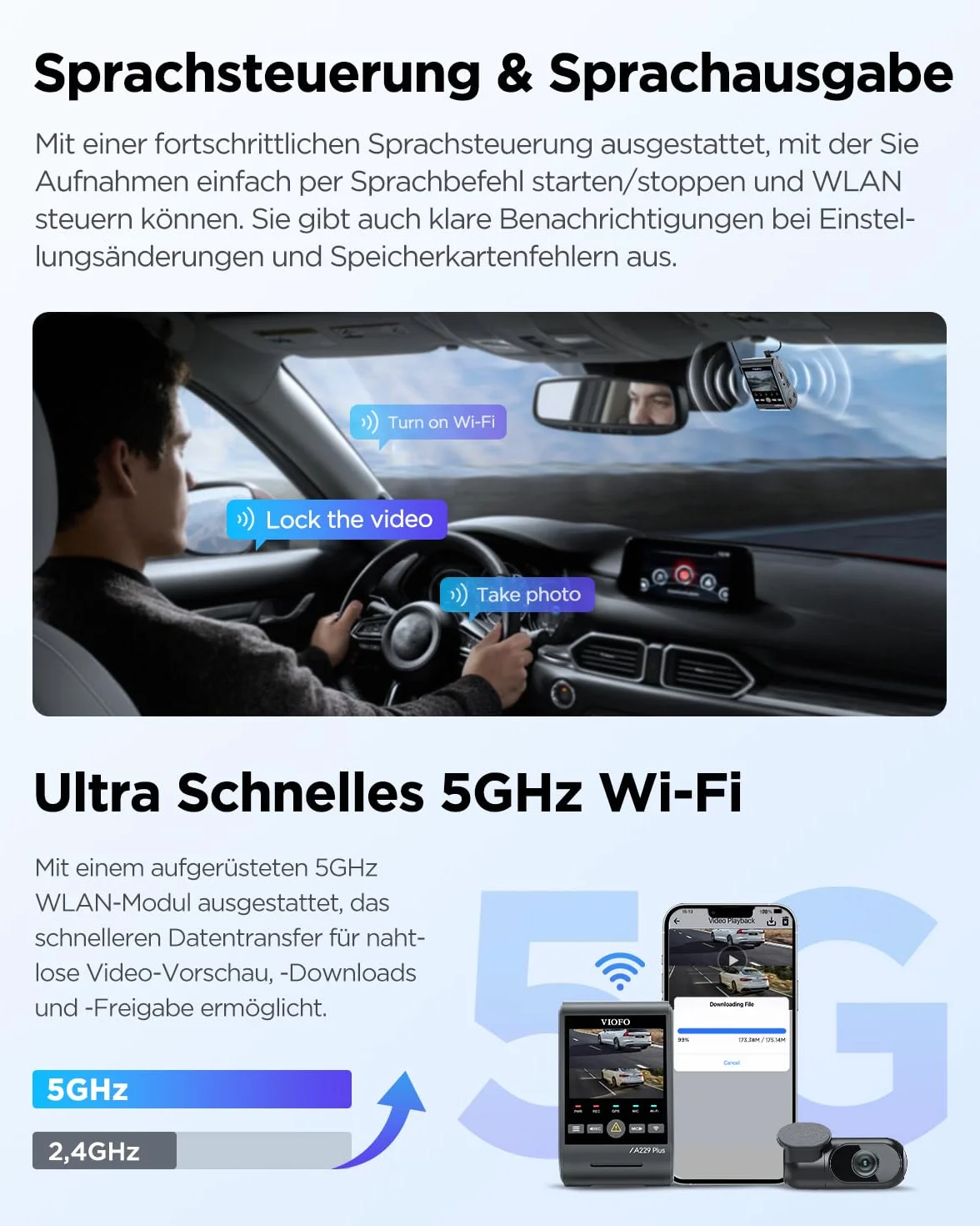 VIOFO A229 Plus 3 Lens 2K + 2K + 1080p, Dual STARVIS 2, HDR kamera samochodowa z przodu z tyłu, sterowanie głosem i 5 GHz Wi-Fi kamera samochodowa, ultraprecyzyjny GPS, super widoczność w nocy 2.0