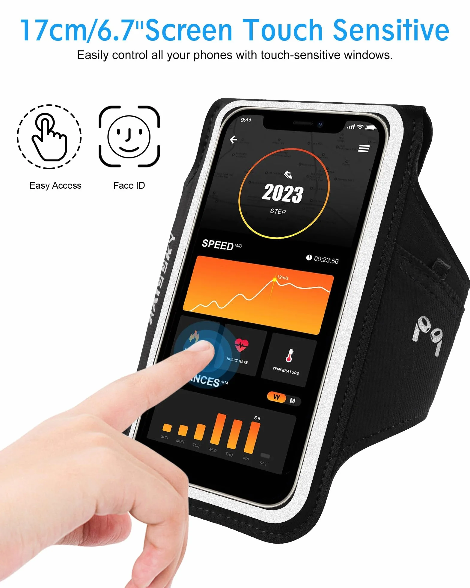 6,7'' uchwyt na telefon do biegania z torbą Airpods, etui na telefon komórkowy Razobws do iPhone 16 15 14 13 12 11 Pro Max Galaxy S20- S24 Ultra wodoodporny pasek na ramię z regulowanym paskiem