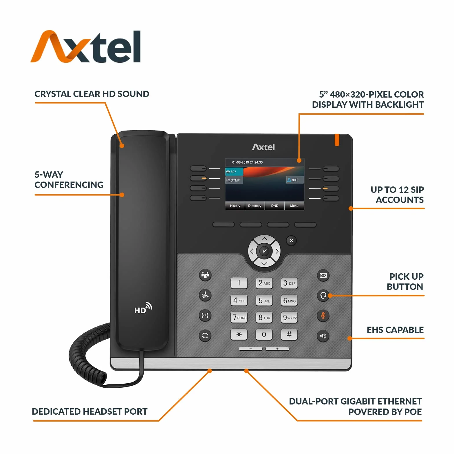 HEADSETS, IP-Telefon AX-500W, Enterprise HD, WiFi/Bluetooth IP Phone, Bis zu 12 SIP-Konten, 5-Wege-Konferenzen, Voicemail, Paging, 5’’ 480×320 Farbdisplay mit, Kundenservice