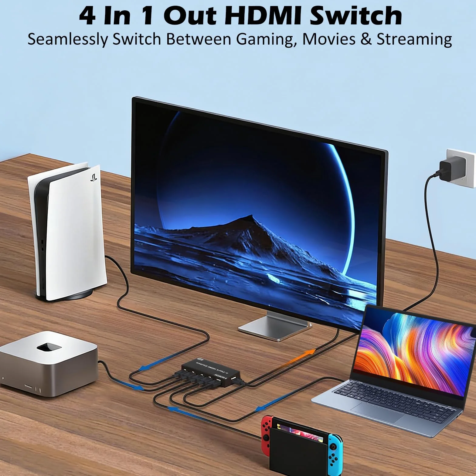 Przełącznik HDMI 4K 30 Hz, 4 K HDMI Switch 4 w 1, przełącznik HDMI z pilotem zdalnego sterowania, 4 porty HDMI Selector Box Support HDCP 1.4 HDR 3D, kompatybilny z PS5/4, Xbox, Apple TV, Skybox
