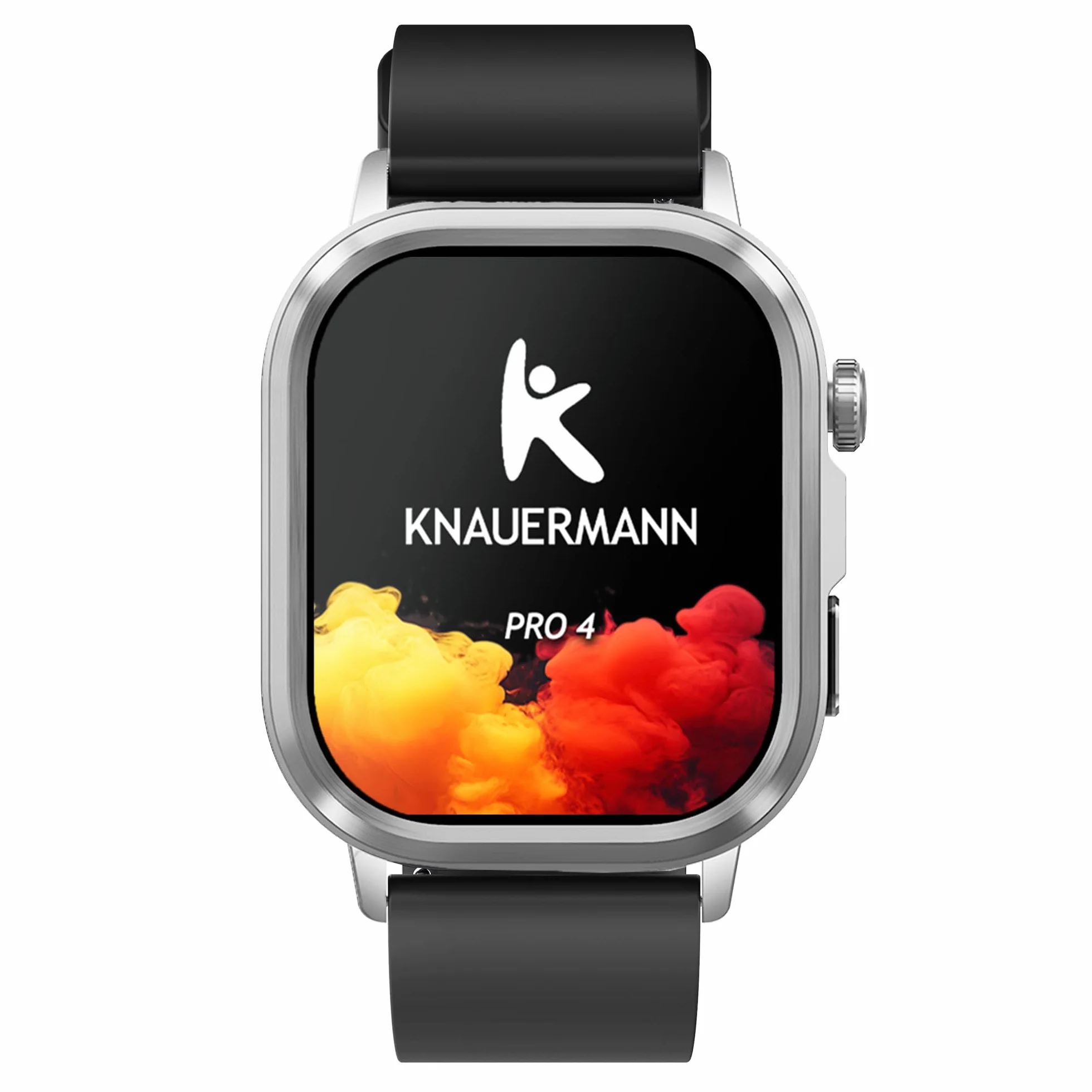 Knauermann PRO 4 (2026) prostokątny srebrny – zegarek zdrowotny EKG z pomiarem ciśnienia krwi, pulsu i tlenu we krwi, funkcja telefonu, analiza snu, IP67, 46 mm, silikon, czarny