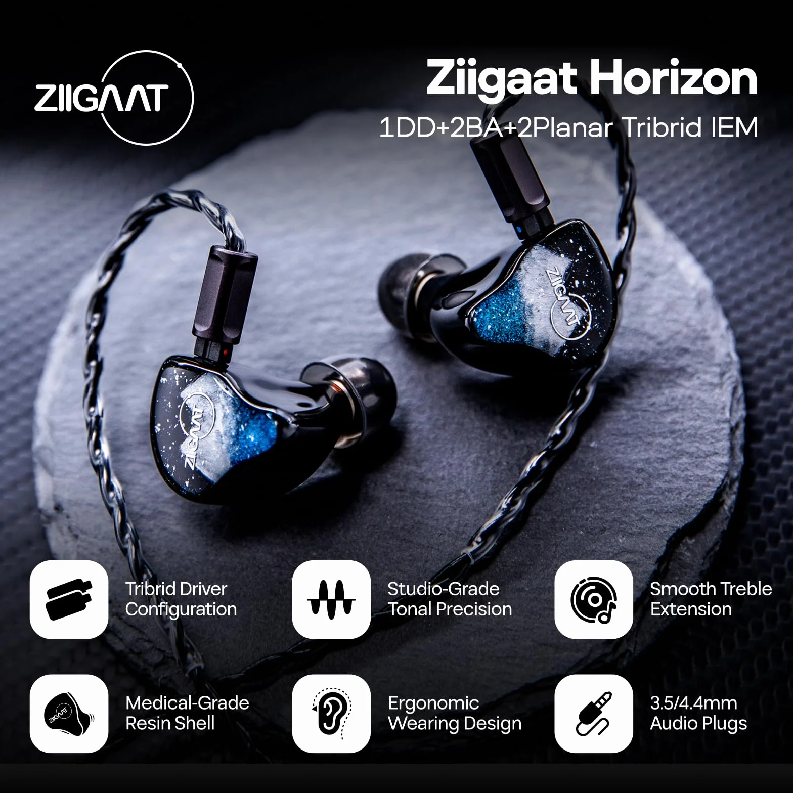 Linsoul ZiiGaat Horizon monitor dokanałowy, 1DD+2BA+2 Planar przewodowe słuchawki douszne HiFi, słuchawki IEM klasy studyjnej, naturalne, zrównoważone strojenie z maślanie gładkim przedłużeniem