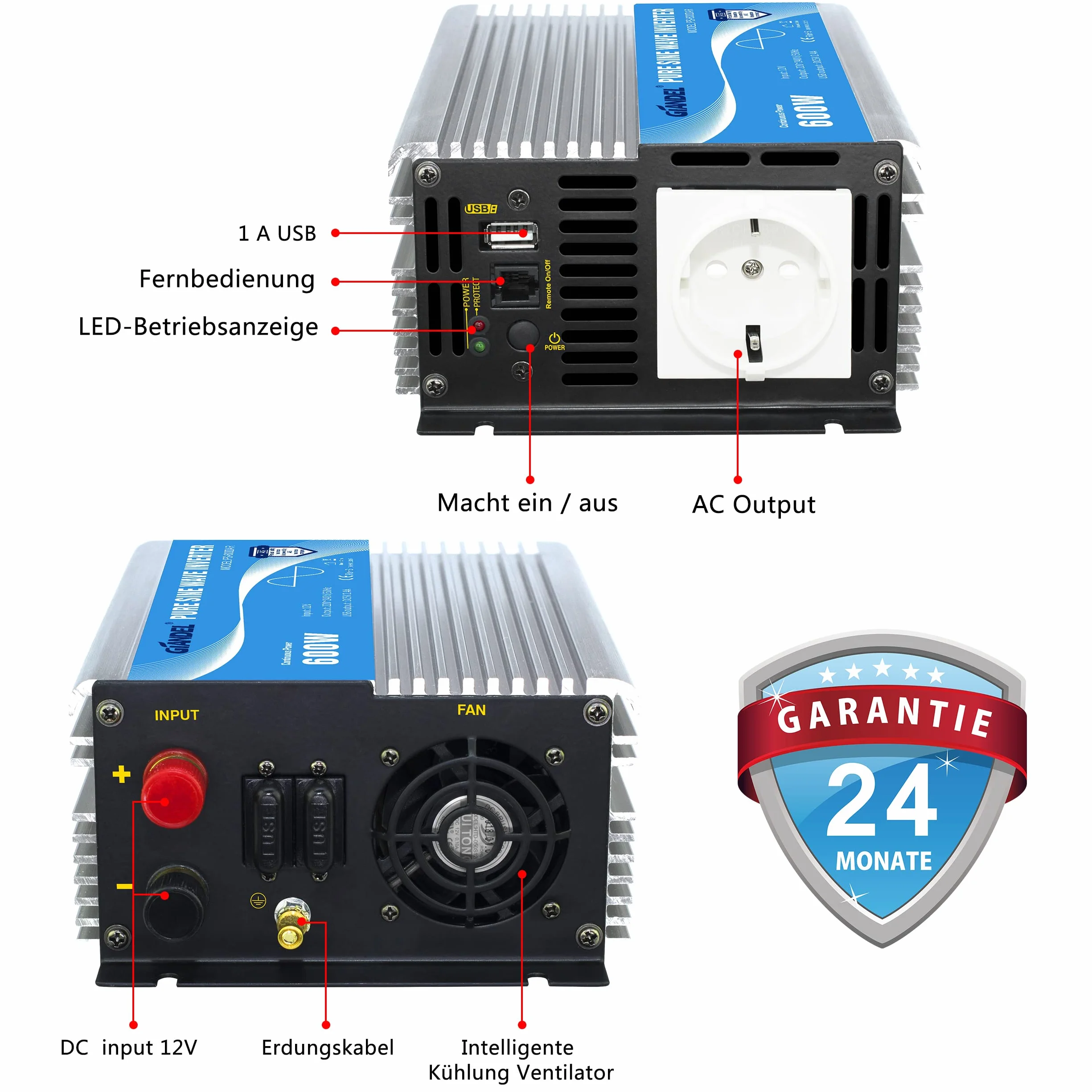 Przetwornica napięcia sinusoidalnego 600 W, 12 V na 230 V, z pilotem zdalnego sterowania i portem USB, do laptopa, aparatu, smartfona GIANDEL Silver