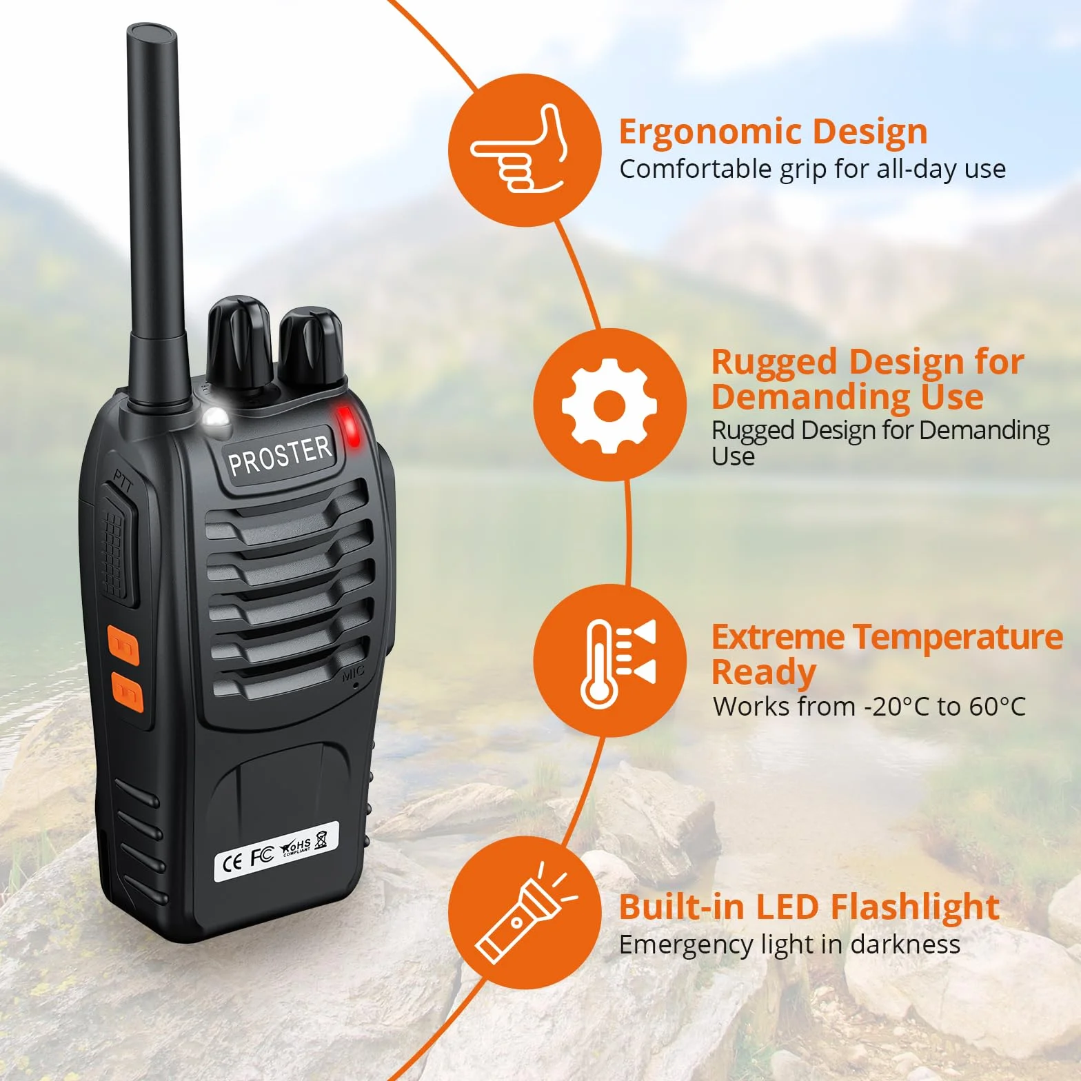Proster Walkie Talkie 16-kanałowe radiotelefony PMR z komunikatem głosowym Akumulator z ładowarką USB i słuchawkami - czarny (2 pary)