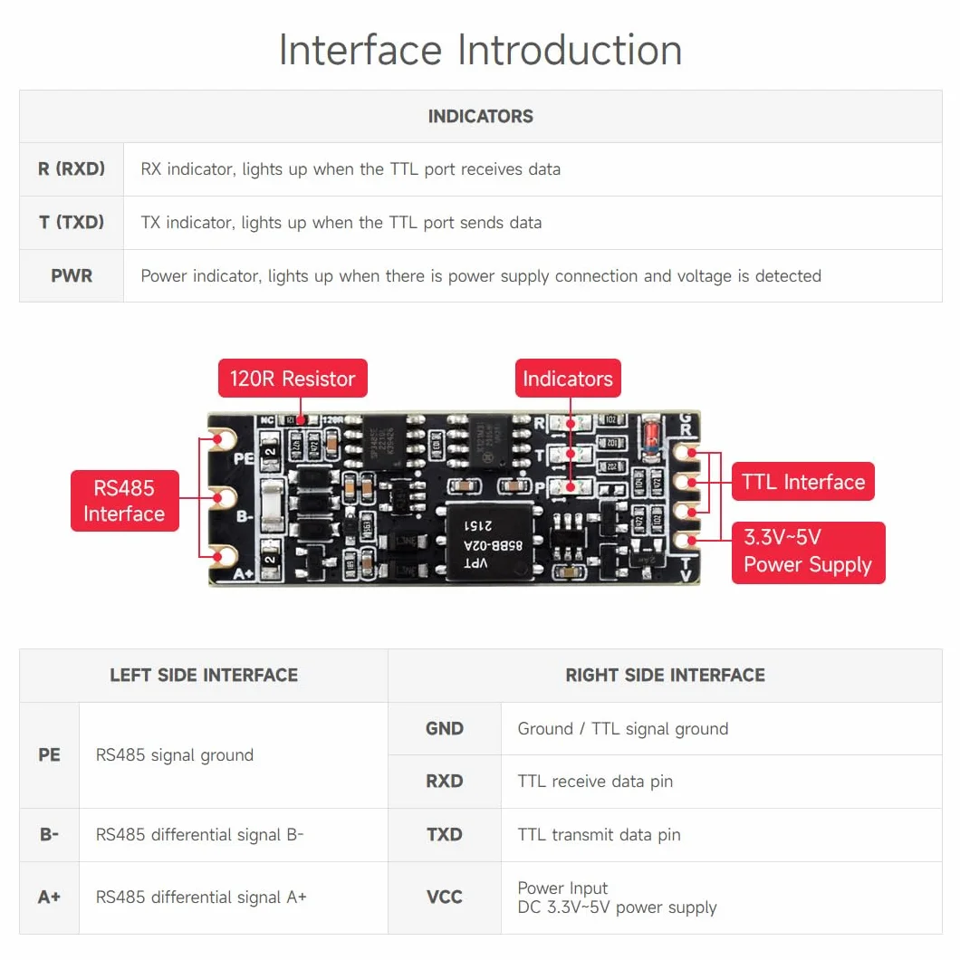 Waveshare TTL To RS485 (C) Galvanic Isolated Converter, Half-Duplex Communication, Lightningproof & Anti-Surge, Multi-Isolation Protection