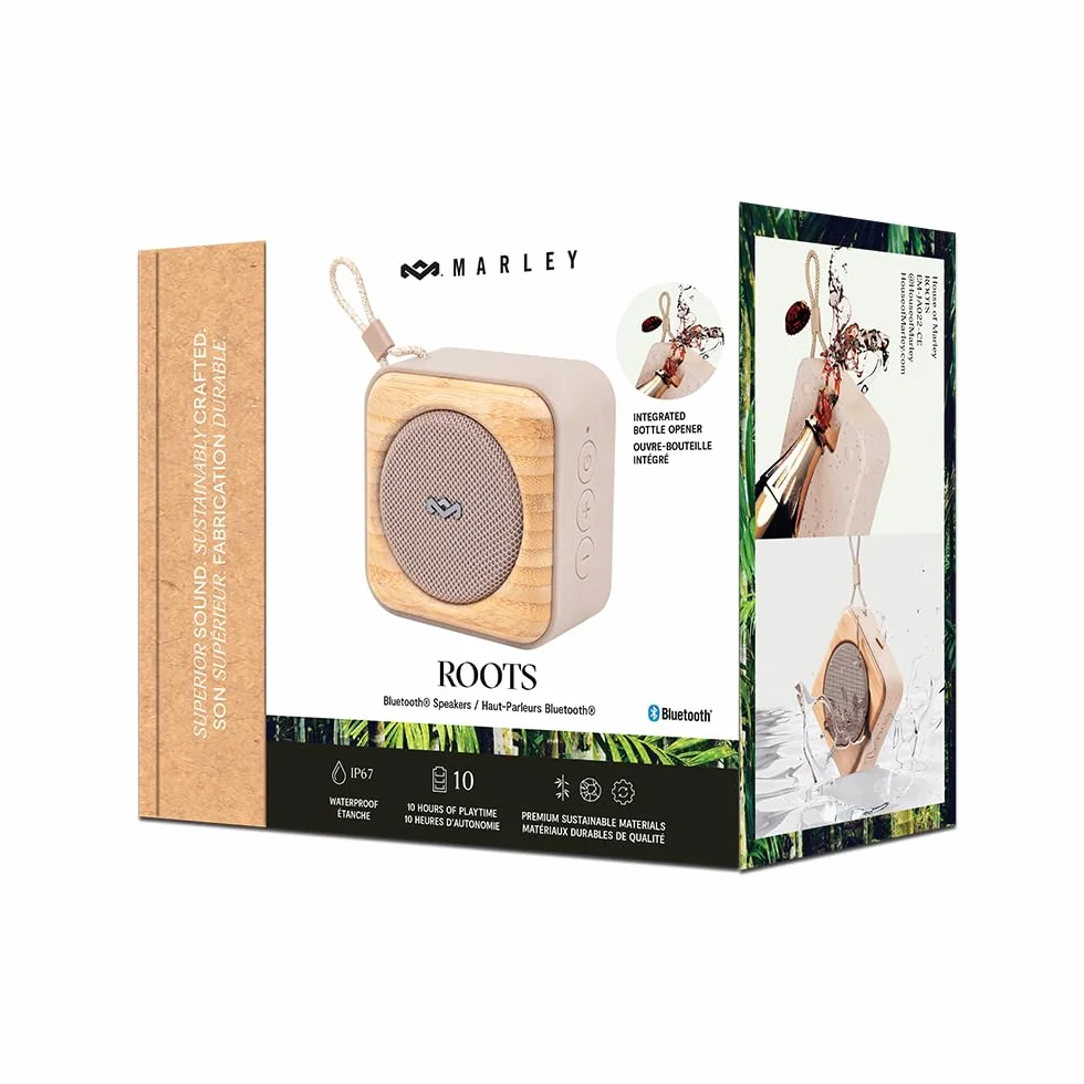 House of Marley Roots Głośnik Bluetooth – mały przenośny głośnik Bluetooth do podróży i na zewnątrz, odporny na warunki atmosferyczne i wodoodporność IP67, czas odtwarzania 10 godzin – bezprzewodowe