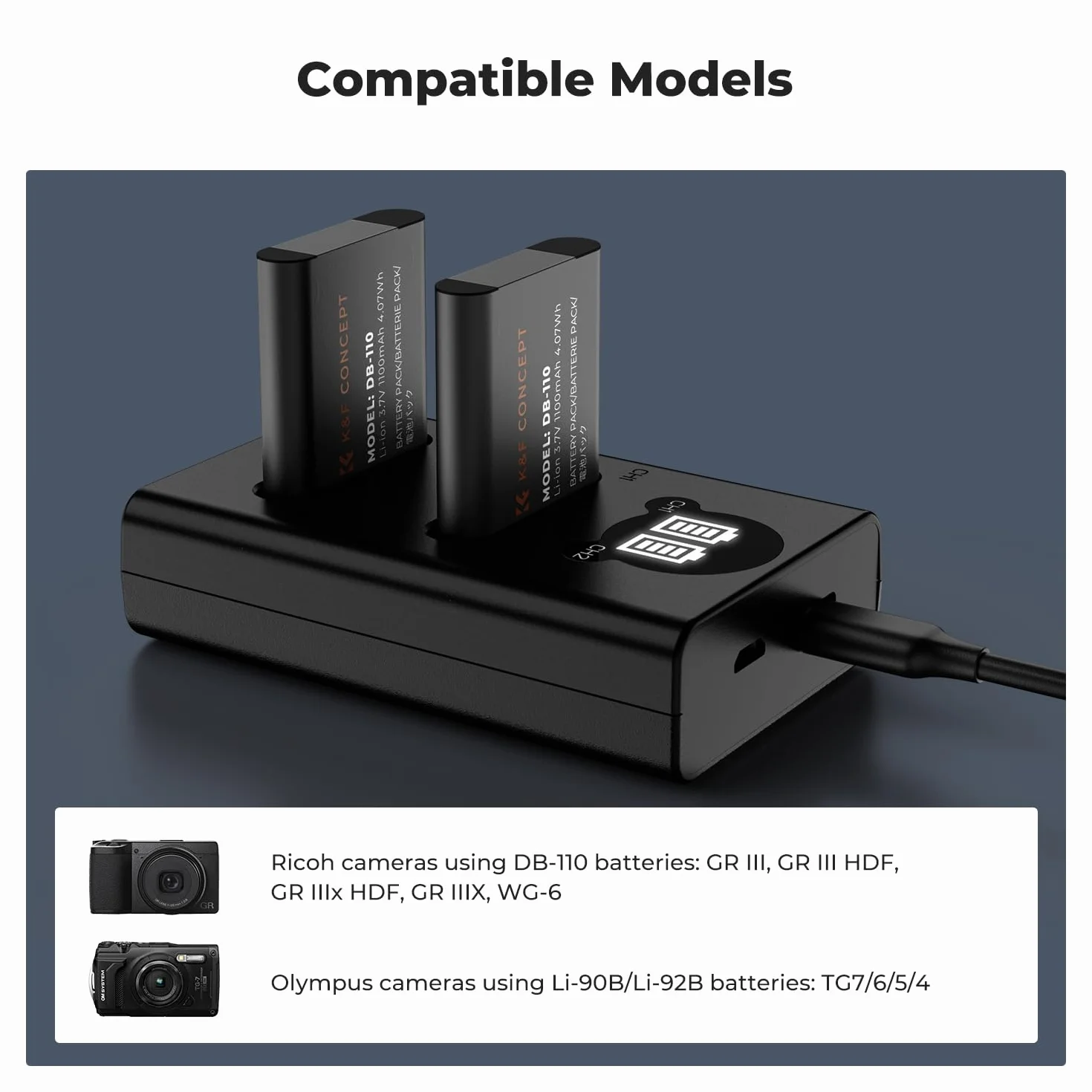 Zestaw 2 baterii K&F CONCEPT Ricoh DB-110 o pojemności 1100 mAh z ładowarką LCD z dwoma gniazdami, kompatybilny z Ricoh GR III, GR IIIx, Theta X, WG-6, G900 II, G900SE II, kompatybilny z Olympus TG7/6