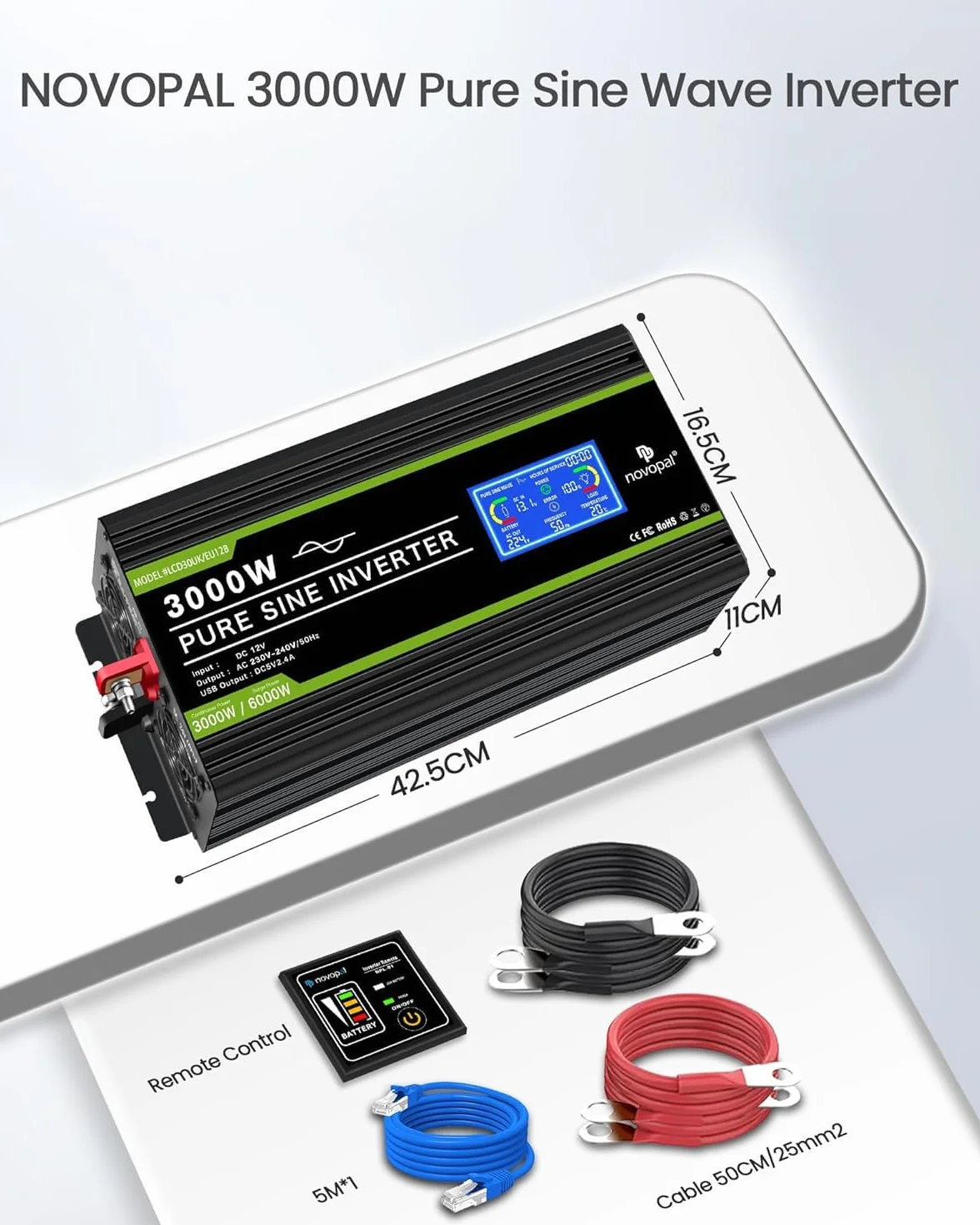 NOVOPAL Falownik samochodowy 3000 W, przetwornica napięcia 12 V, 230 V, czysty sinus z wyświetlaczem LCD i złączem USB + gniazda 2 AC + pilot zdalnego sterowania