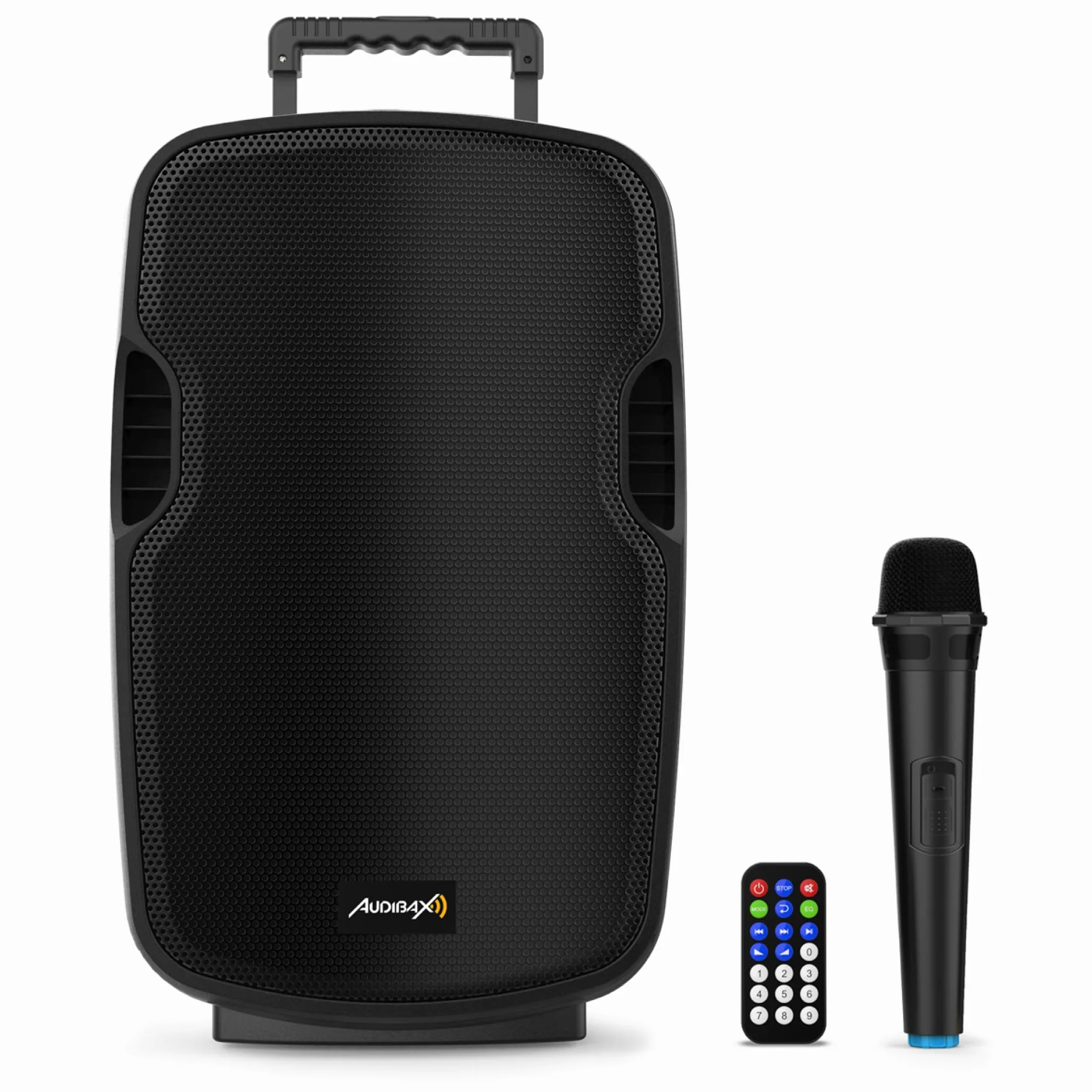Audibax | Denver Combo Port 10" głośnik VHF - głośnik Bluetooth z USB/SD - system wózka - bateria + kabel AC 12 V - ekran LCD - bezprzewodowy mikrofon - czarny - 385 x 325 x 565 mm