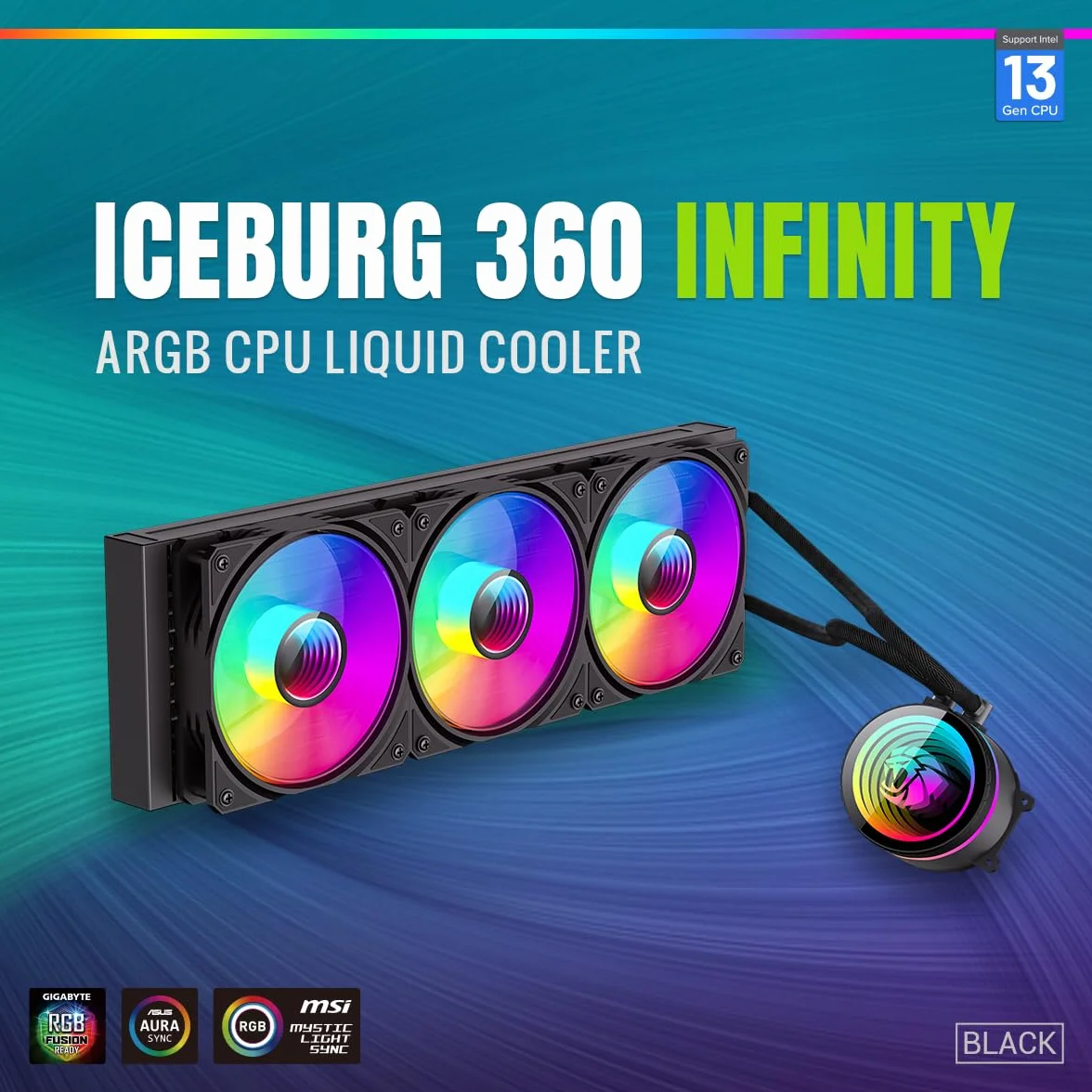 GameMax Iceburg 360 mm ARGB CPU Chłodnica cieczy, AIO Cooler 360 mm CPU Chłodnica wodna do Intel i AMD, 3 x 120 mm wentylatory ARGB Infinity PWM, 800 do 2000 obr./min i obrotowa konstrukcja z lustrem