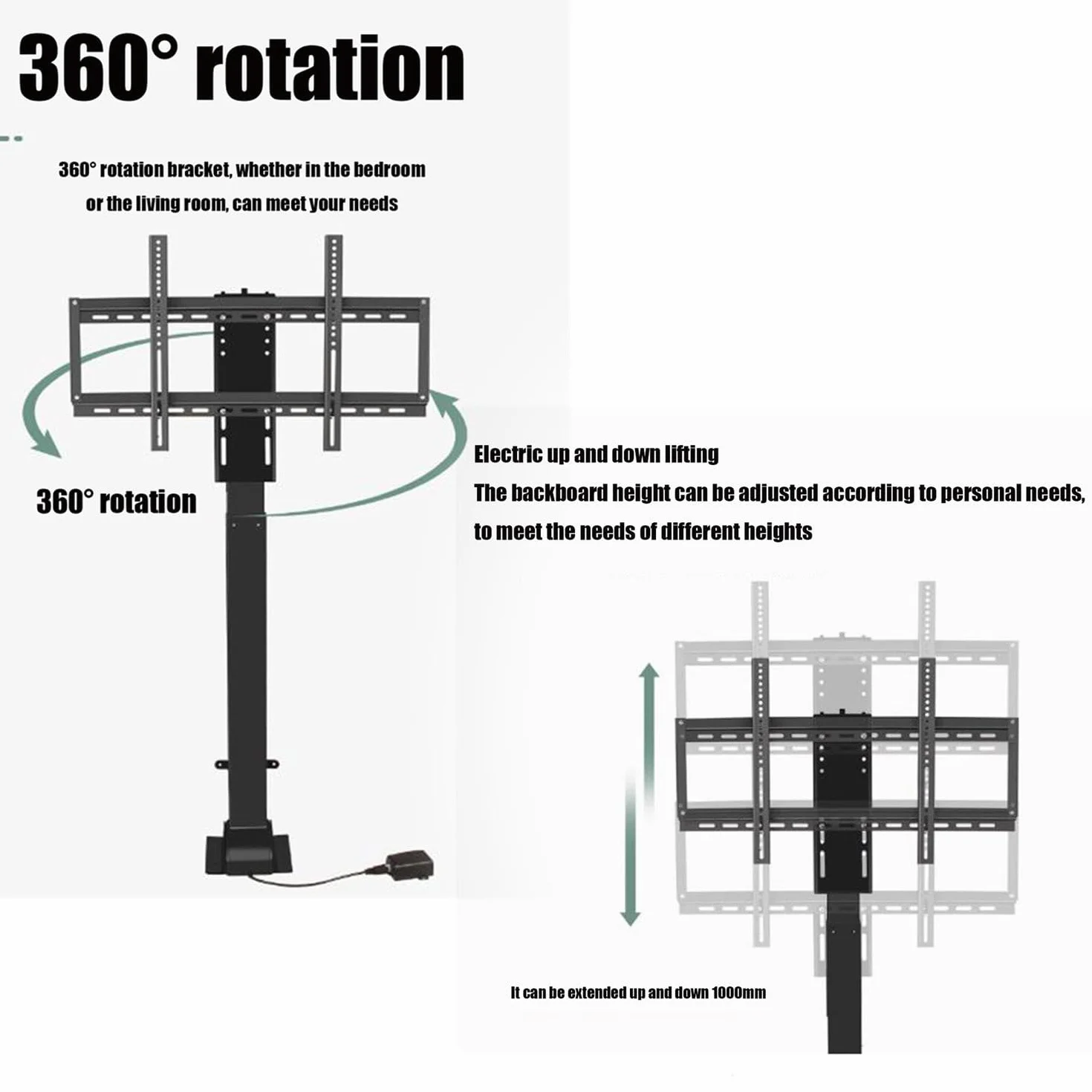 Obrotowy 360° uchwyt ścienny do telewizora, teleskopowy elektryczny uchwyt do telewizora, 26-70" stojak na telewizor z silnikiem, można ukryć w szafce pod telewizor