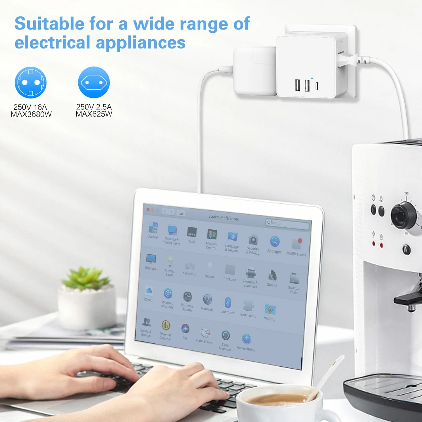 Kostka do gniazdka, bez kabla, z USB C, kostka z USB, 4000 W, listwa zasilająca Cube, listwa zasilająca do gniazdka, adapter do domu i biura