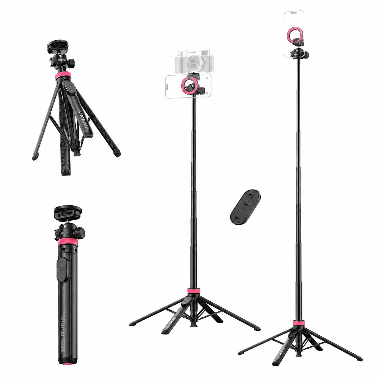 ULANZI MT-44M 2026 ULEPSZONY 150 cm (59") Automatycznie Otwierany Magnetyczny Statyw do Telefonu, Kij do Selfie Bluetooth, Stojak na Cztery Nogi, Podwójna Konfiguracja Aparatu, Głowica Kulowa 360°