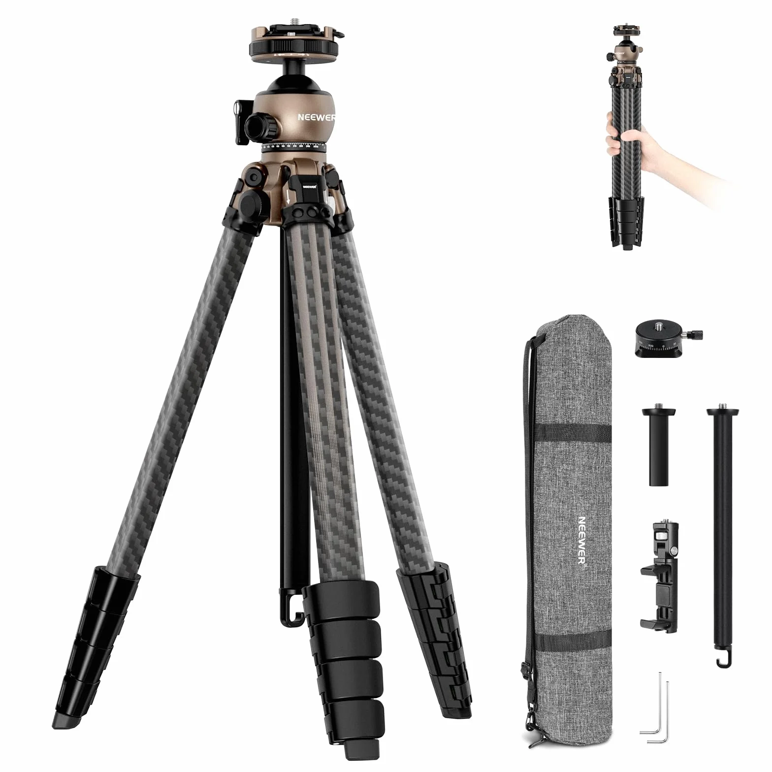 NEEWER LITETRIP LT35 statyw podróżny 155 cm węglowa głowica kulowa niskoprofilowa, płyta Arca kompatybilna z Peak Design V3, oś środkowa, uchwyt z zaciskiem do telefonu komórkowego 2w1, maks. 10 kg