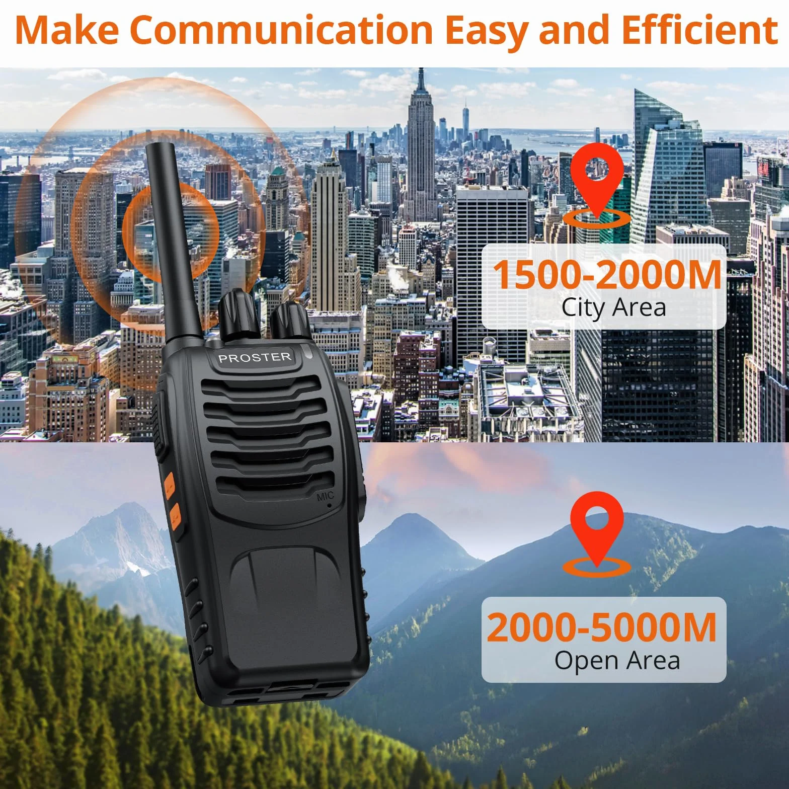 Proster Walkie Talkie 16-kanałowe radiotelefony PMR z komunikatem głosowym Akumulator z ładowarką USB i słuchawkami - czarny (2 pary)